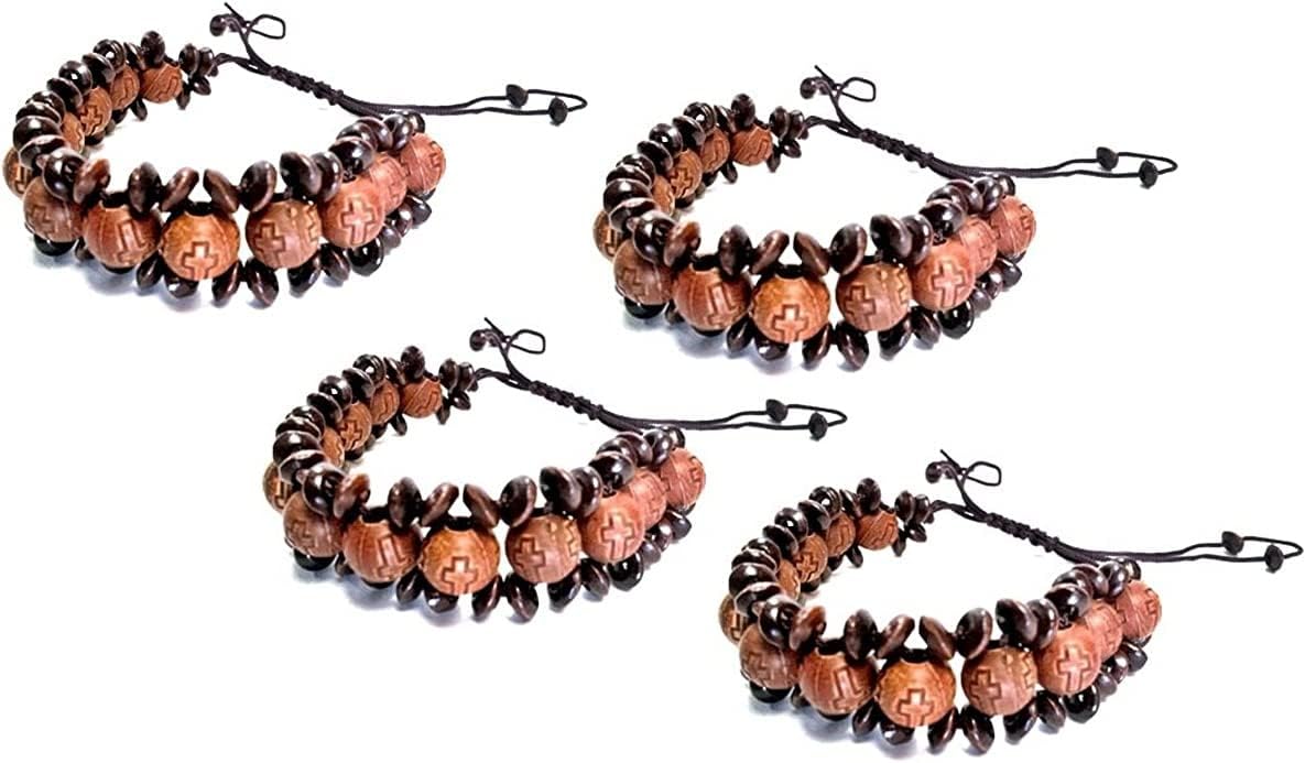 Christian Knotted Rosary Wood Bracelet with Cross Icons Adjustable with Sliding Knot