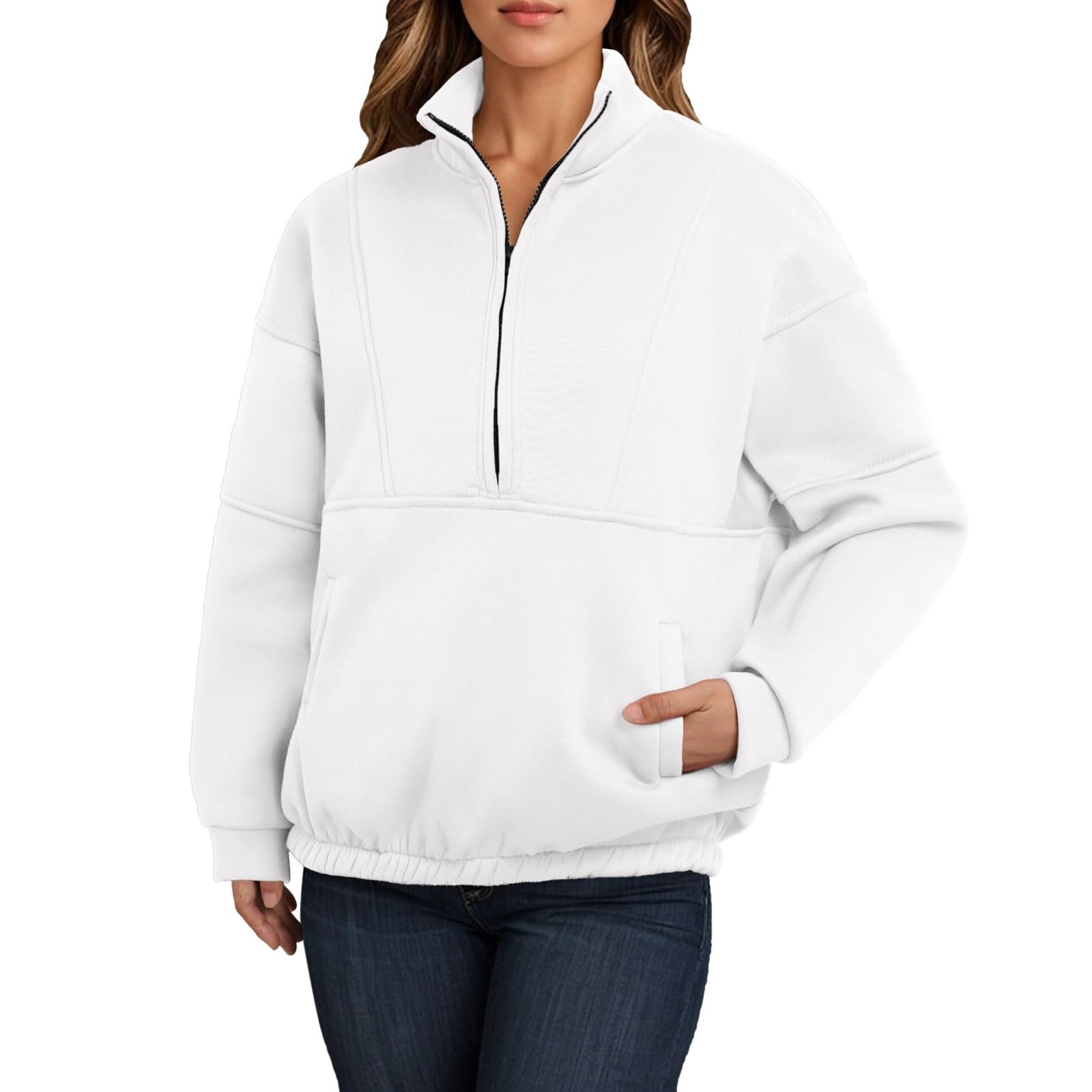 Sudaderas de moda con media cremallera para mujer, casual, Y2K, invierno, otoño, cuello alto, manga larga, trajes de moda 2024, personalizables, lindas y suaves, blanco, XXL