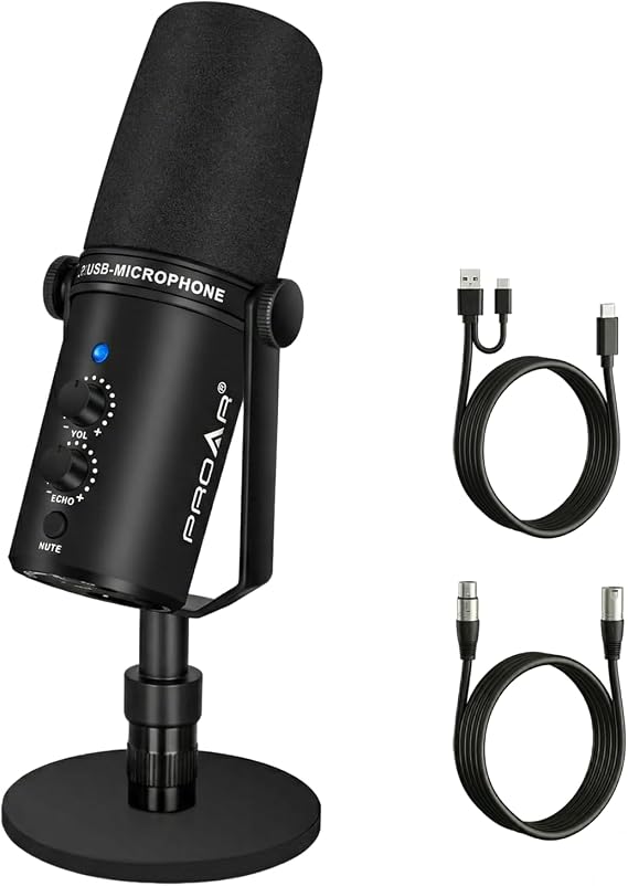 XLR/USB Dynamic Microphone,PC Computer Microphone for Podcasting,Vocal Recording,Live Streaming,Gaming,Voice-Over,All Metal Professional Studio Mic Kit with Noise Cancelling,USB-C Port