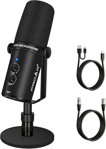 PROAR USB/XLR Podcast Dynamic Microphone, Studio Mic Kit with Volume Control, Shock Mount, Pop Filter, Ideal for Vocal, In...