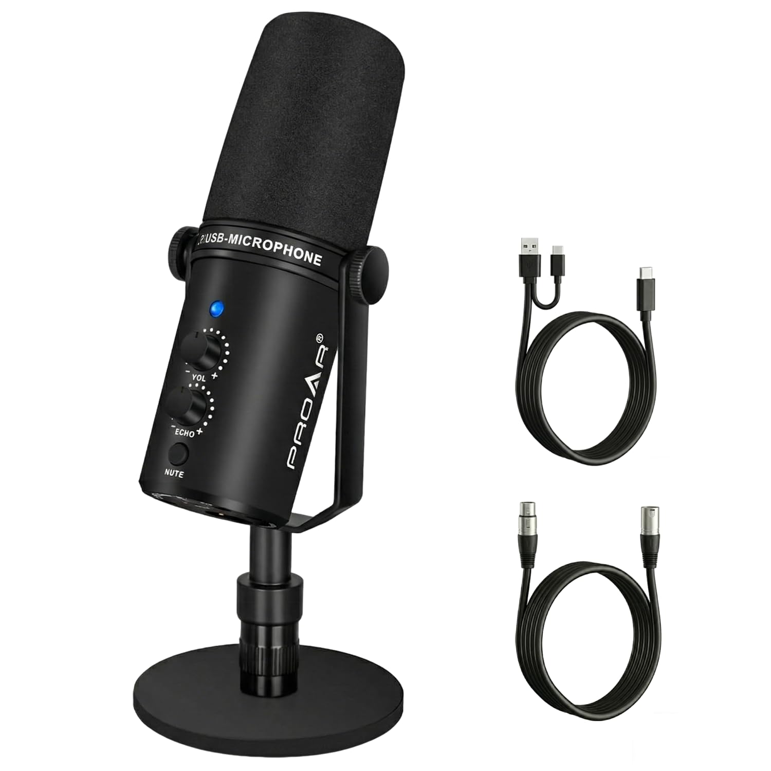 PROAR XLR/USB Dynamic Microphone, PC Computer Microphone for Podcasting, Vocal Recording, Live Streaming, Gaming & Voice-Over, All Metal Professional Studio Mic Kit with Noise Cancelling, USB-C Port