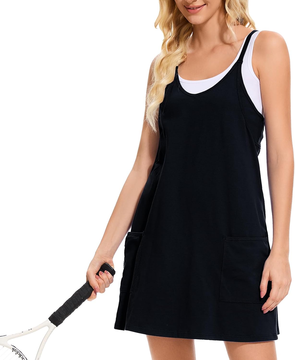 Women Tennis Workout Romper Mini Dress Summer Sleeveless Spaghetti Strap Athletic Sports Dress with Shorts