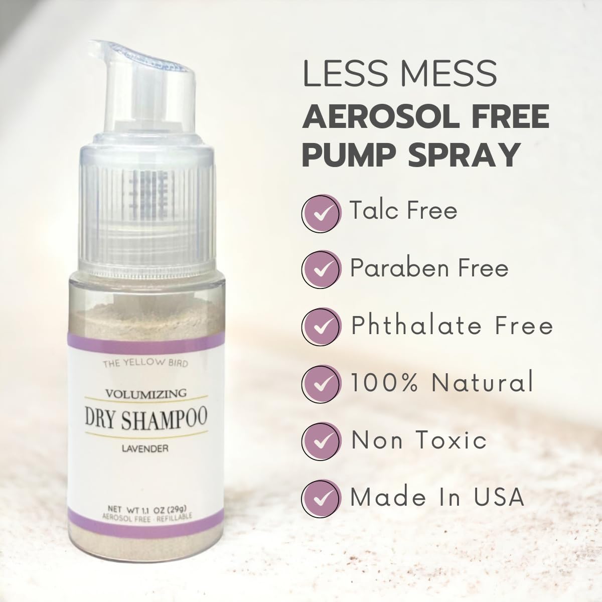 The Yellow Bird Shampoo secco in polvere naturale, spray con pompa senza spray, sano, rinfresca i capelli volumizzanti, per donne e uomini, ingredienti biologici, olio di lavanda profumato