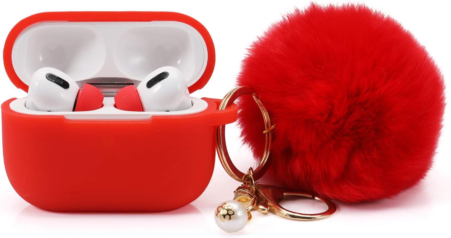 Protective Case Cover for Airpods Pro Charging Case with Ear Tips 1 Pair Kit, Air Pods Silicone Case with Soft Cute Ball Pom Pom Keychain Kit Together with Ear Buds Tips 2&1 (X, Red)