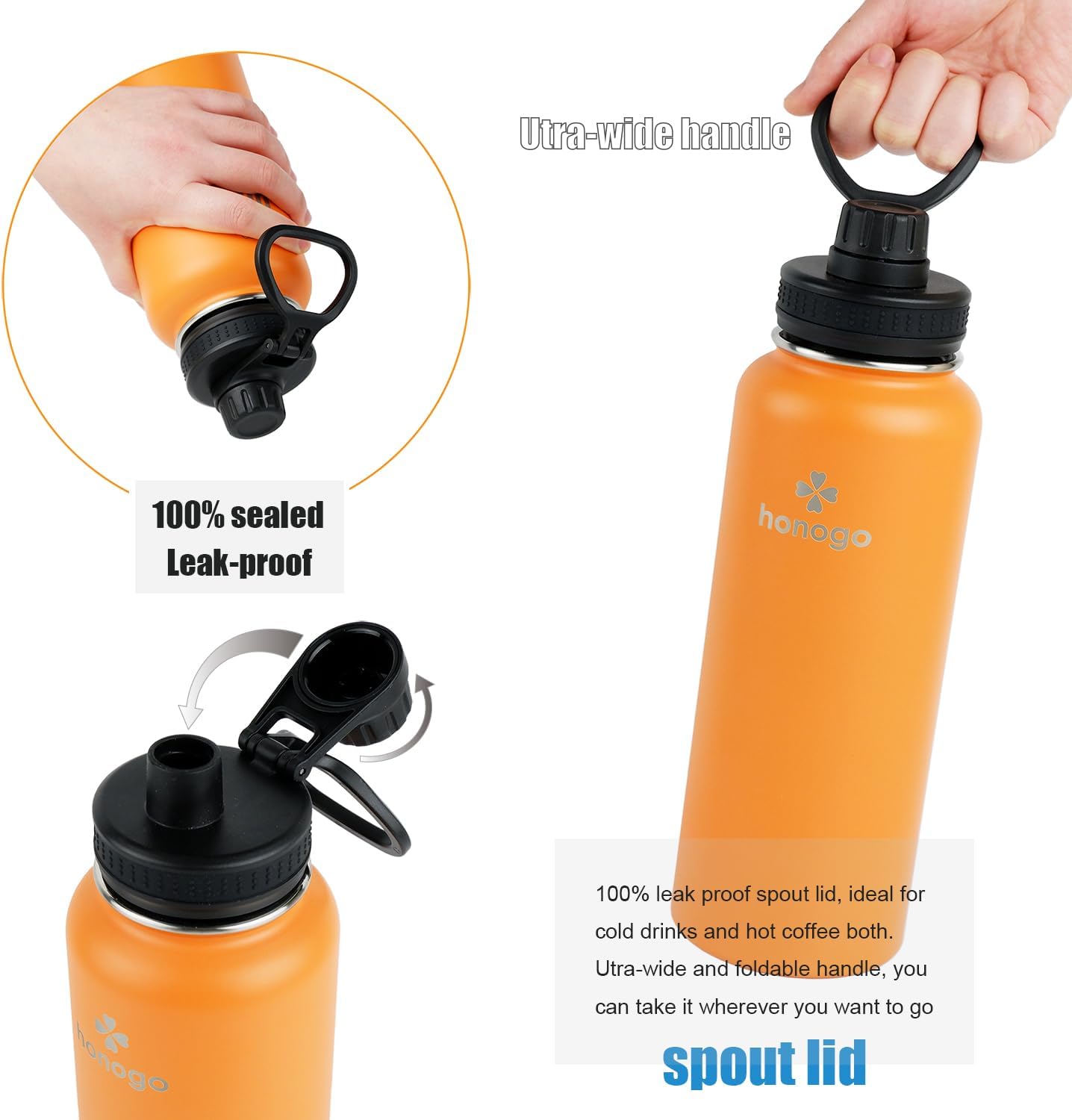 40 oz Double Wall Insulated Metal Water Bottle for Men, Women & Kids, 18/8 Stainless Steel Wide Mouth Thermal Flask with Straw Lid & Spout Lid, Leak Proof, Keep Hot and Cold (Orange, 40 oz) - Image 5