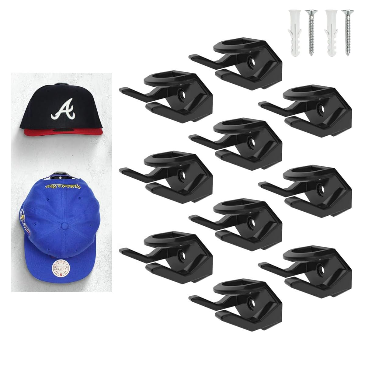 GANMFOYC 10Pcs Adhesive Hat Hooks Black Wall Mounted Cap Holder with Screws, Hat Hooks for Wall Self Adhesive Minimalist Hat Display Rack Hat Organizer Wall Mounted