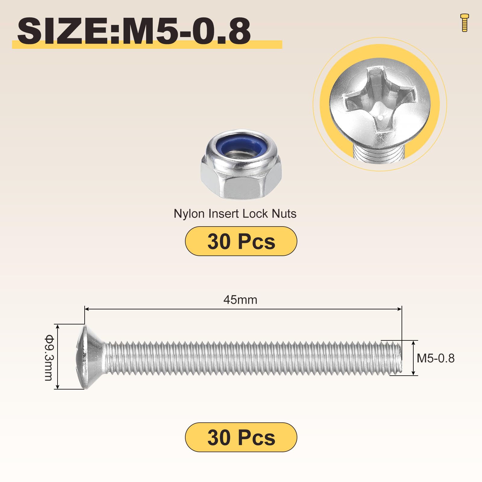 METALLIXITY Phillips Cross Flat Round Head Machine Screw with Nylon Insert Lock Nut Kit (M5-0.8x45) 60Pcs - Image 2