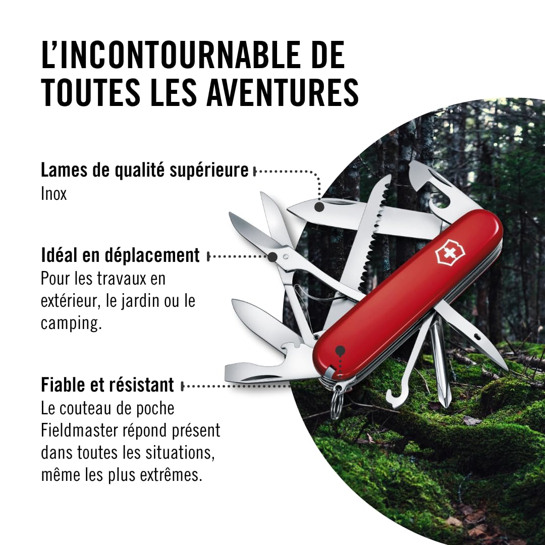 Victorinox Fieldmaster, Couteau de Poche Suisse, Léger, Multitool, 15 Fonctions, Lame, Scie à Bois