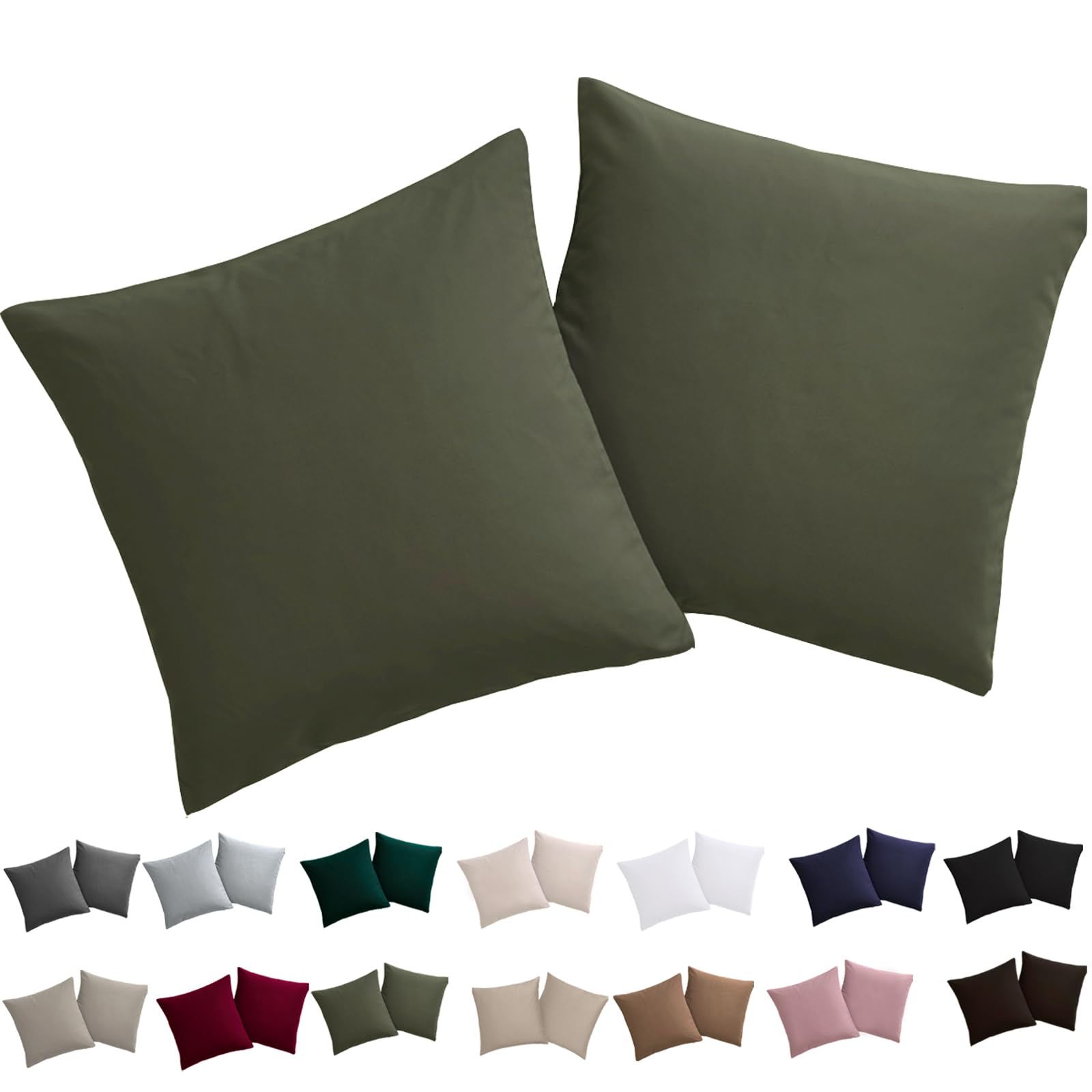Soifox Cushion Cover 40 x 40 cm, Set of 2 - Pillowcases 40 x 40 cm, Olive Green, 100% Microfibre, Non-Iron and Wrinkle-Free with Zip