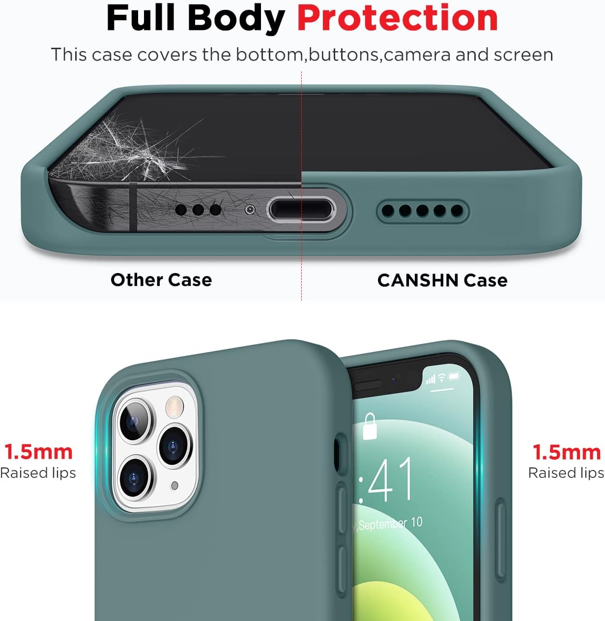 CANSHN Compatible with iPhone 12 Pro Max 6.7'' 2020, Liquid Silicone Soft Gel Rubber Full Body Protection Shockproof Phone Case Cover - Midnight Green