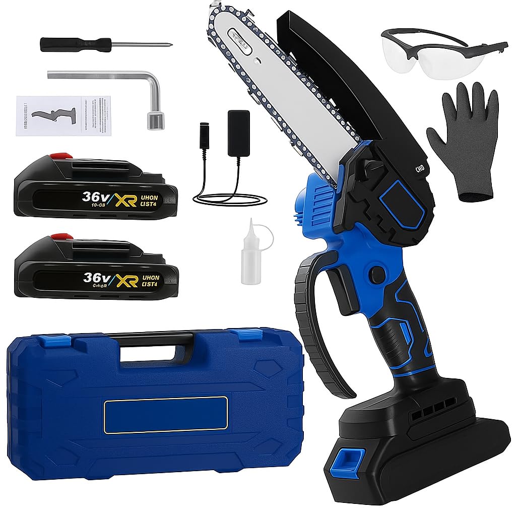 Mini Chainsaw Cordless 6 Inch Cutting Area Wide Heavy Duty Battery Powered Hand Saw gardens farms pastures Wood Working Tool Like Logging Cutting Pruning with Multicolor (1) (1) (1) (A1) (C)