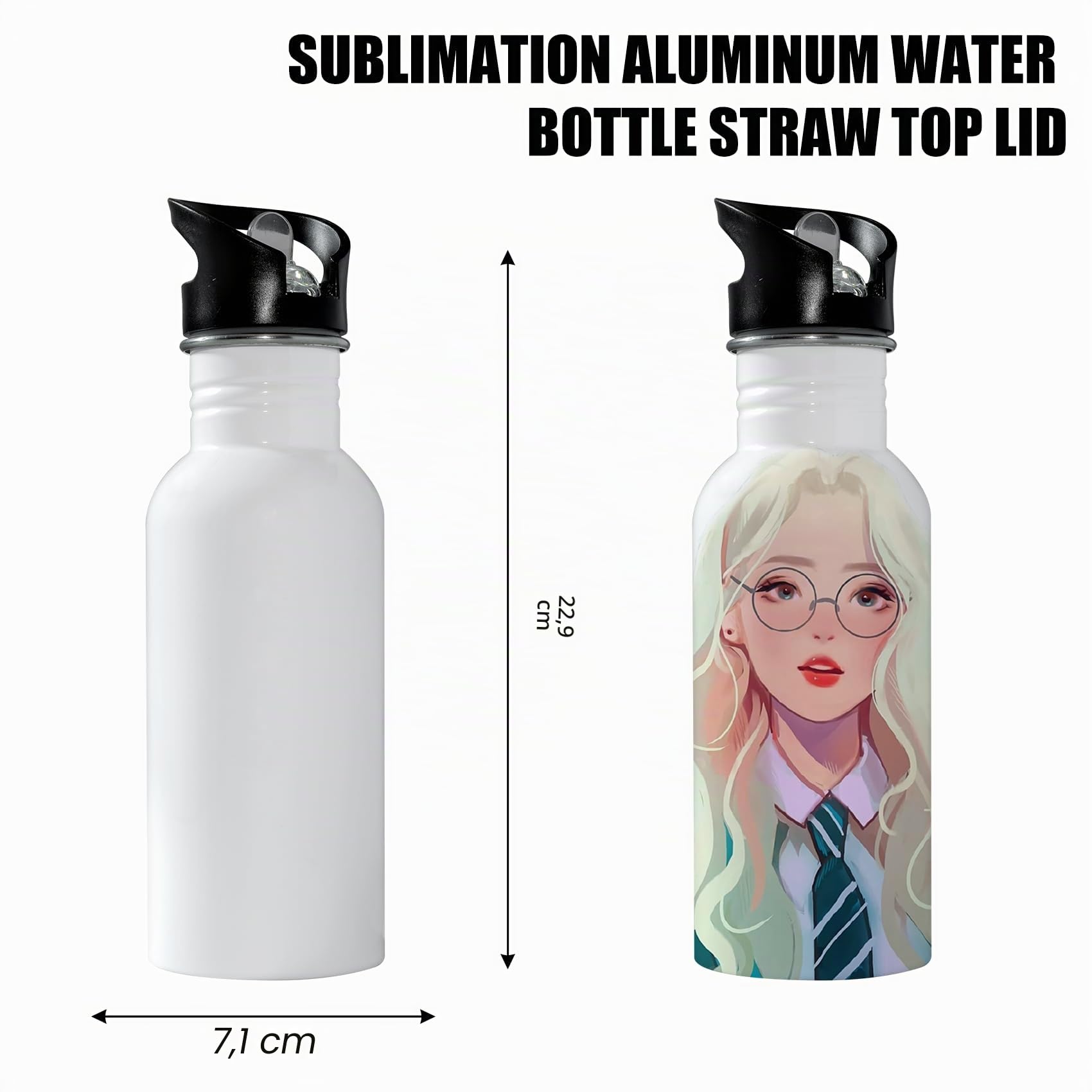 MR.R 6 bottiglie d'acqua in alluminio per sublimazione con corona bianca, da 600 ml, con coperchio superiore con cannuccia, 600 ml