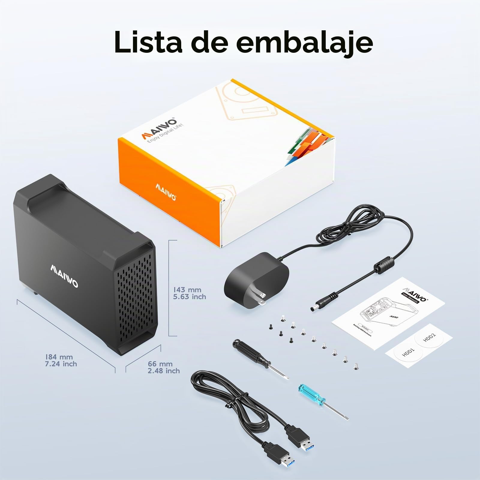 MAIWO Caja Raid de Doble bahía para Disco Duro SATA de 3.5 Pulgadas, Carcasa de Disco Duro de 2 bahías con Ventilador de refrigeración, 4 Modos Raid, USB 3.0 para expansión de 44 TB