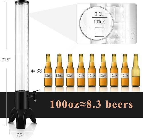 Miniatura 6 de Torre de bebidas, dispensador de torre de bebidas de 3 litros con tubo de hielo y luz LED, dispensador de cerveza de mesa de 3.17 cuartos de galón /