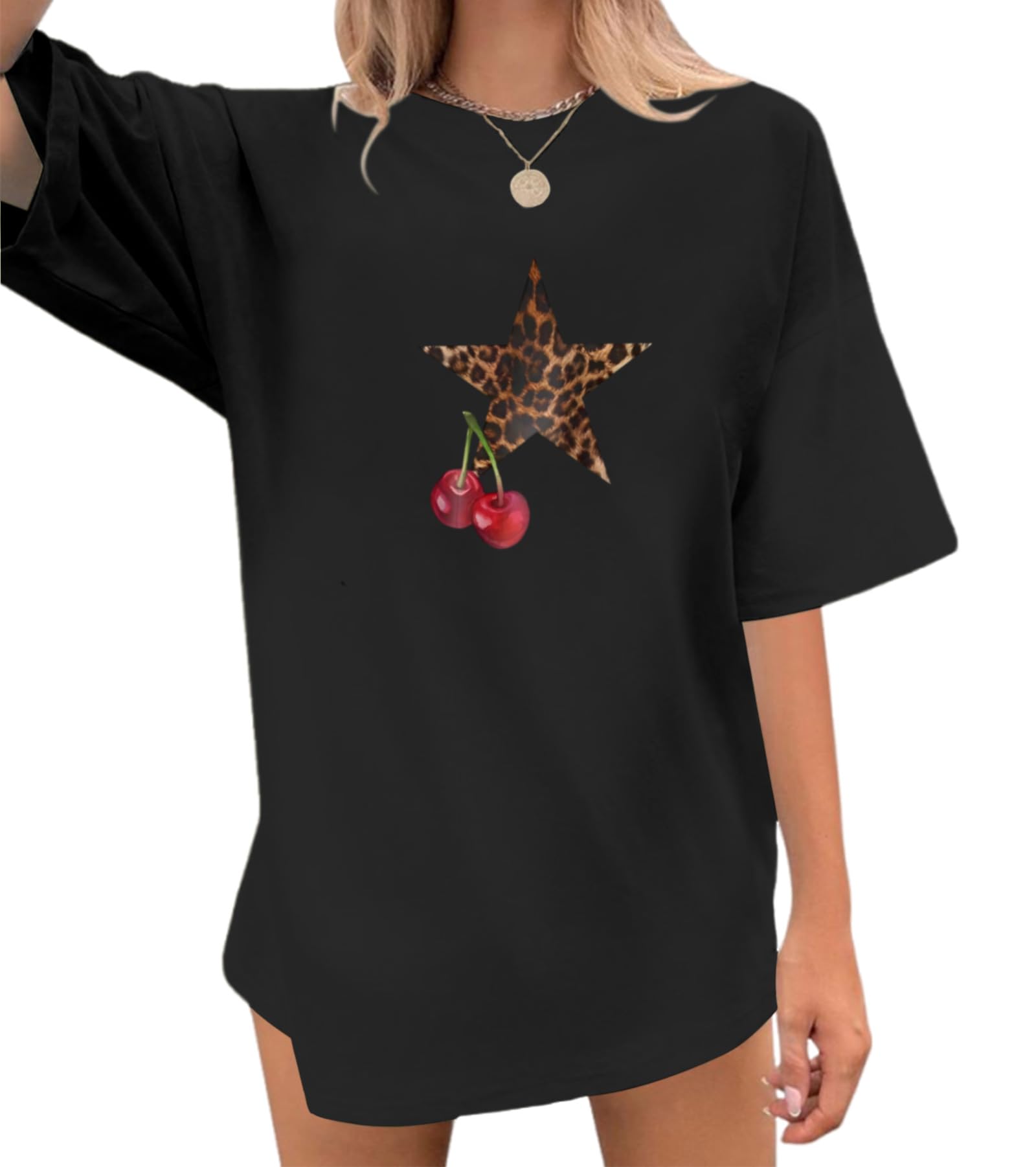 Lytiarul Cherry Leopard Print Shirt for Women Vintage Y2K Star Oversized Tshirt Cute Fruit Aesthetic Graphic Tees Tops