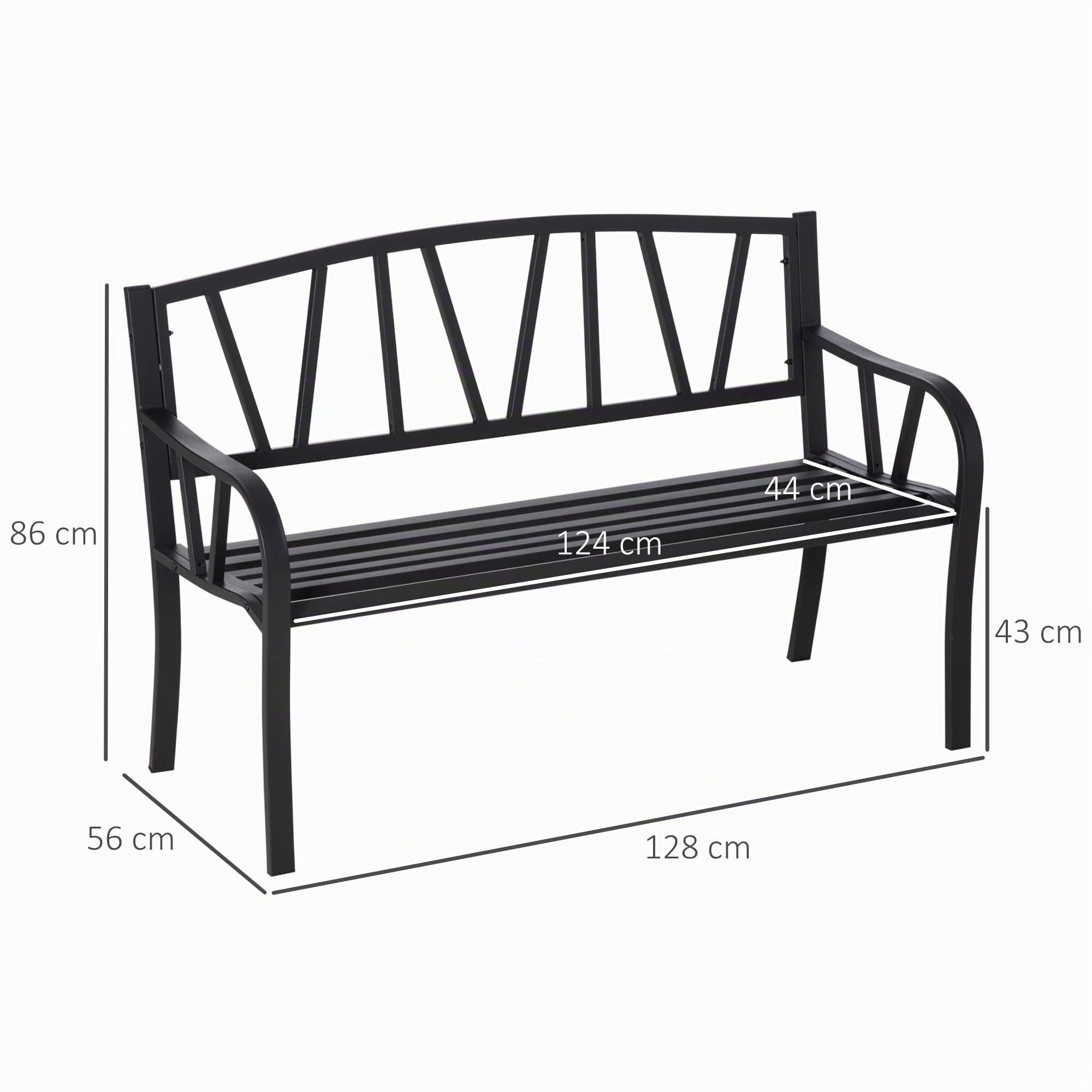 Outsunny Panchina da Giardino Panca da Esterno 2 Posti 128x56x86cm Nero | in Metallo Impermeabile, in Ferro