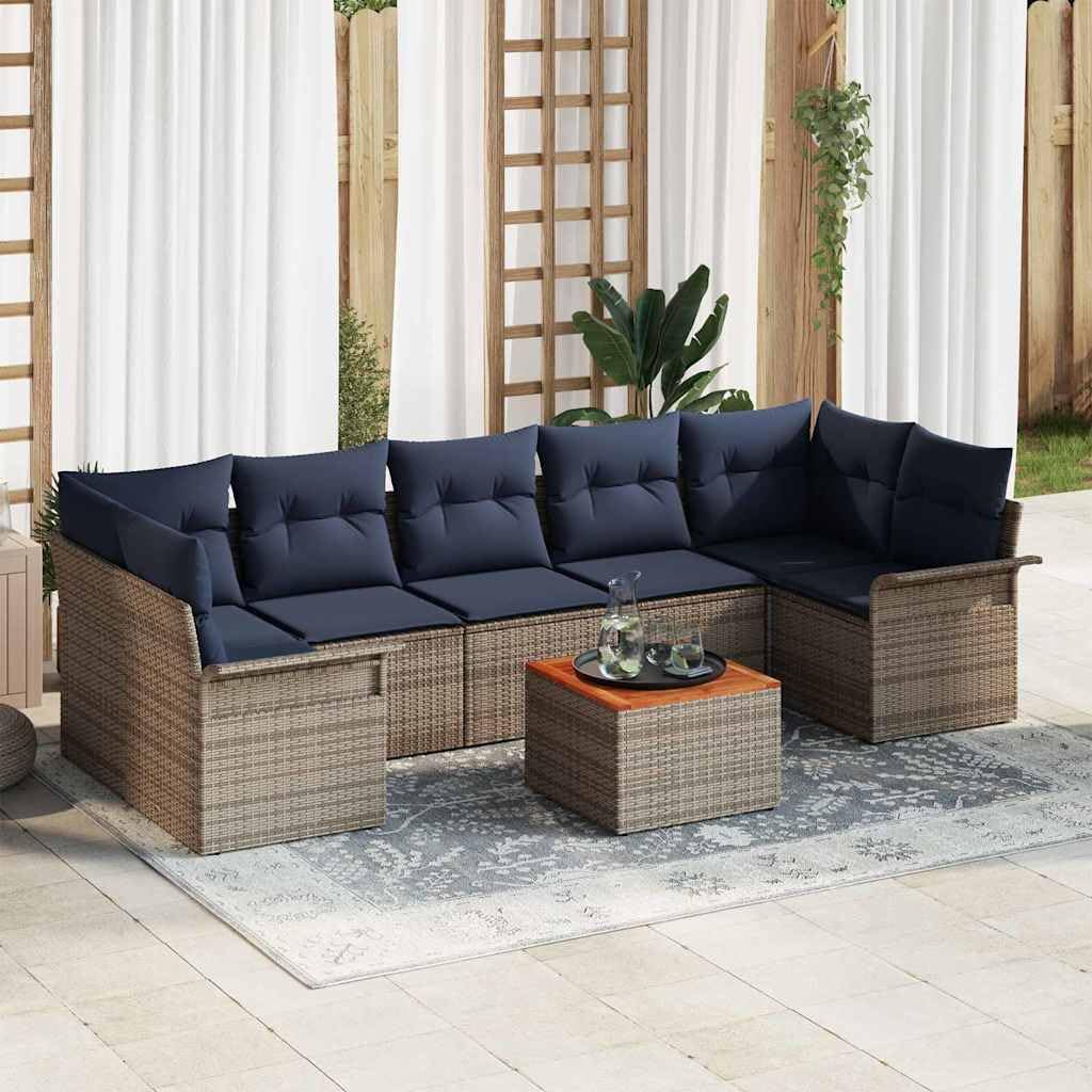 Sofa ogrodowa, 8-częściowy, szary, granatowy, polirattanowy z drewna akacjowego, 298 x 132,5 x 69 cm, modułowa, odporna na warunki atmosferyczne, do przechowywania, na balkon, taras, do ogrodu