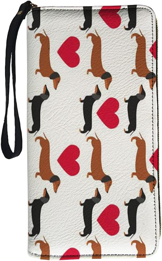 Jeiento Women's Leather Zip Around Wallet Clutch with Wristlet Strap Dachshund Design Large Capacity, White