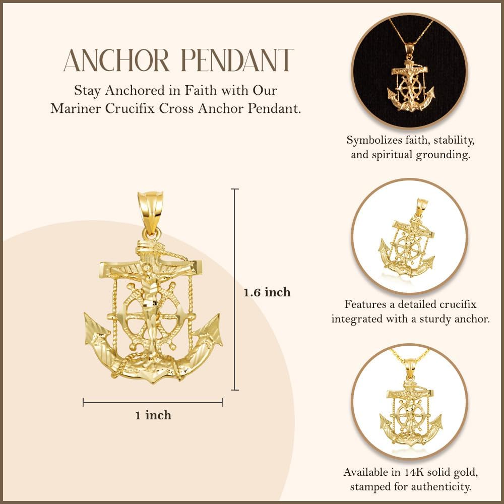 Gold Mariner Crucifix Anchor Cross Pendant Necklace | 10K or 14K Yellow, Rose, or White Gold | Choice of Pendant Only or Chain Length