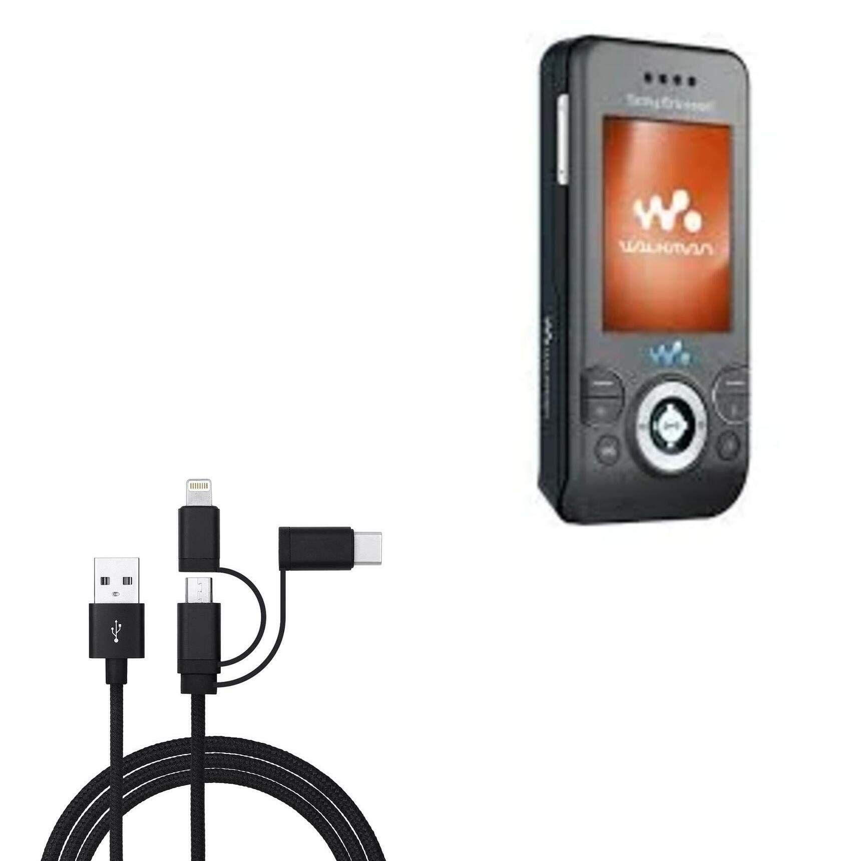 Cable Compatible with Sony Ericsson W580i - AllCharge 3-in-1 Cable - Jet Black
