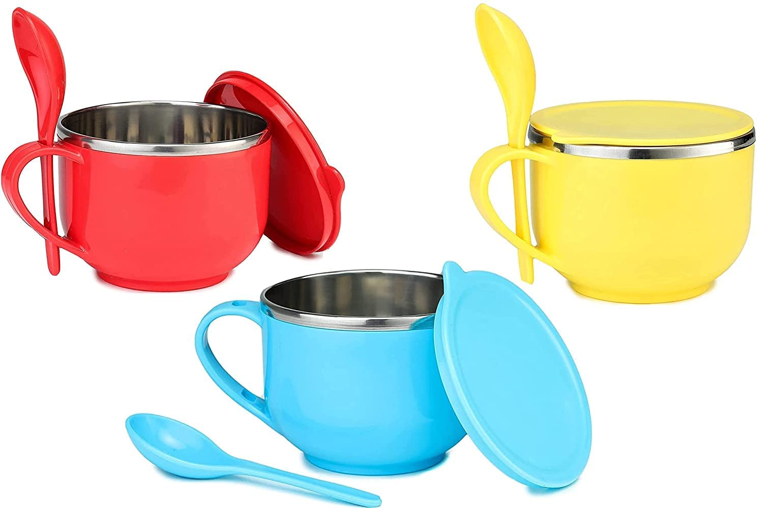 OMSaavi® Maggi Noodles & Soup Bowl with Spoon, Lid, Stainless Steel