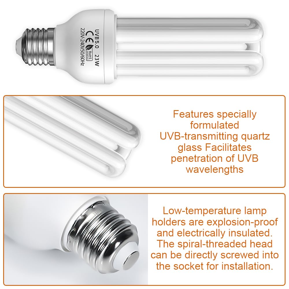 UVB 5.0 Lampada, E27 23W Lampadina UVA UVB, Lampada Fluorescente Compatta 5.0 UVB Lampadas, Lampadina UVB, per Tutti i Tipi di Uccelli in Cattivit, Rettili
