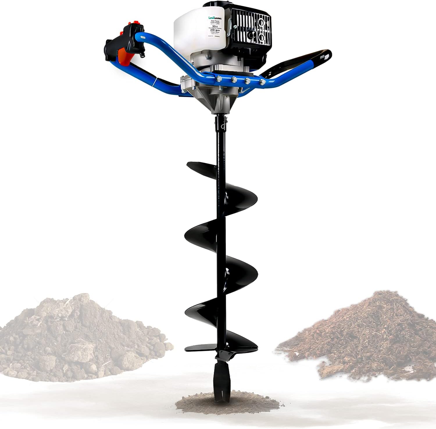 Landworks Earth Auger Power Head Heavy Duty 3HP 52cc 2 Stroke Gas Engine w/Steel 8"x30" Bit w/Fishtail One Man Post Hole Digger for Planting, Earth Burrowing/Drilling & Fences EPA/CARB Compliant