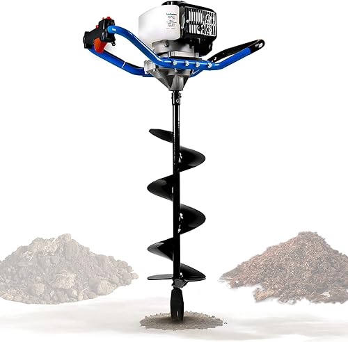Landworks Earth Auger Power Head Heavy Duty 3HP 52cc Motor de gas de 2 tiempos con broca de acero de 8 x 24 pulgadas con cola de pez excavadora de