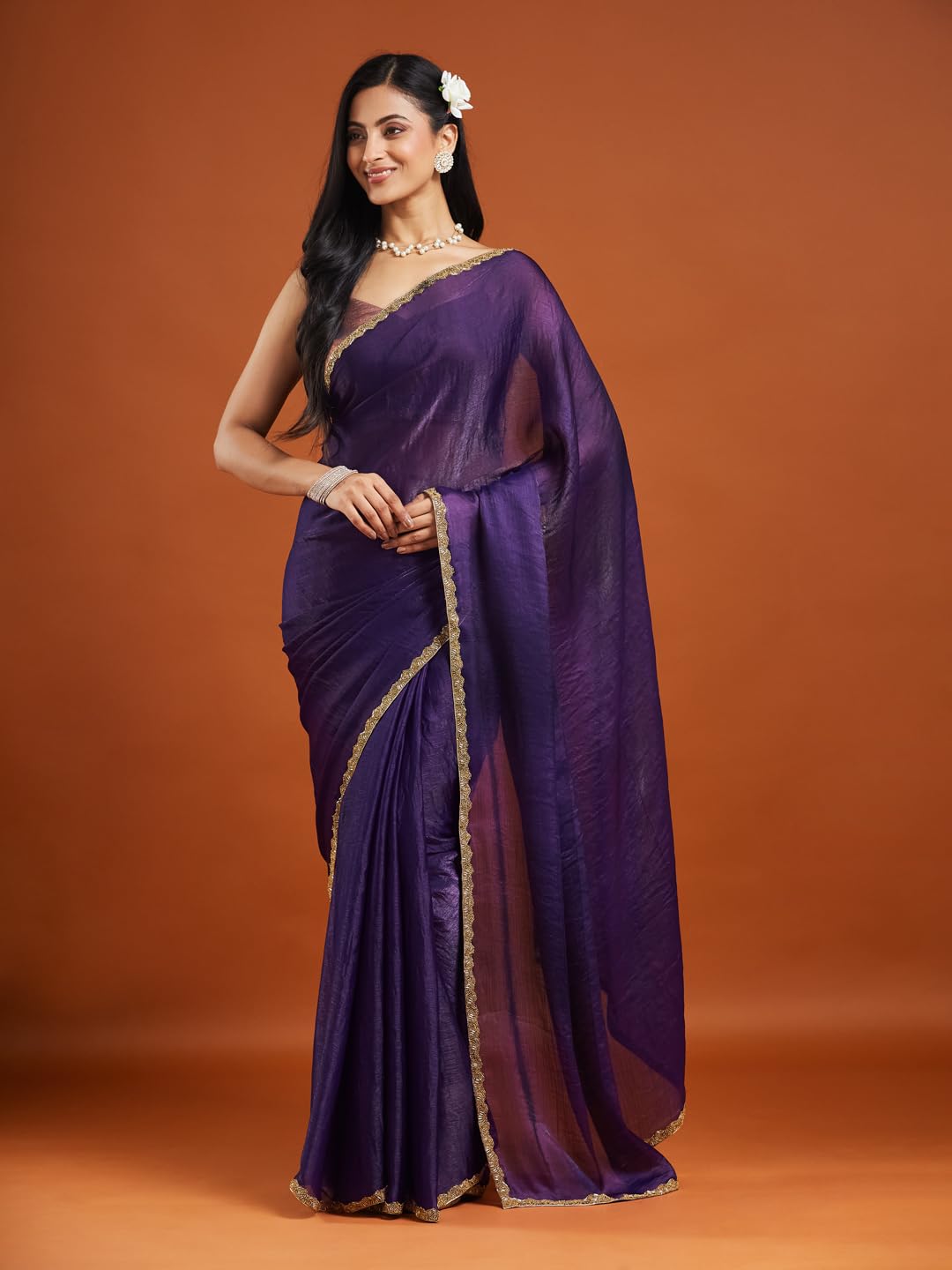 LOROFY Women's Two Tone Fendy Chiffon Saree (Lavender) - Image 3 thumbnail