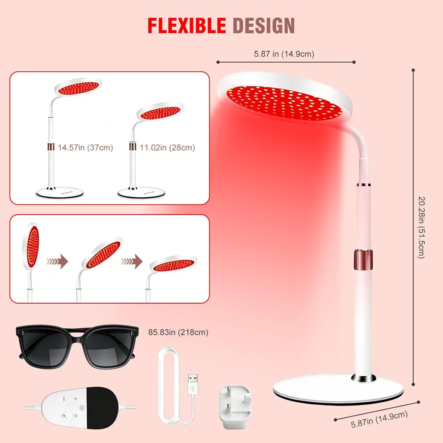 Lámpara de luz roja 9 ajustes de brillo 940 nm y 850 nm y 660 nm 3 en 1 chips de luz infrarroja con base temporizador de 15/30/45 minutos, diseño de cuello de cisne flexible, 100 luces rojas