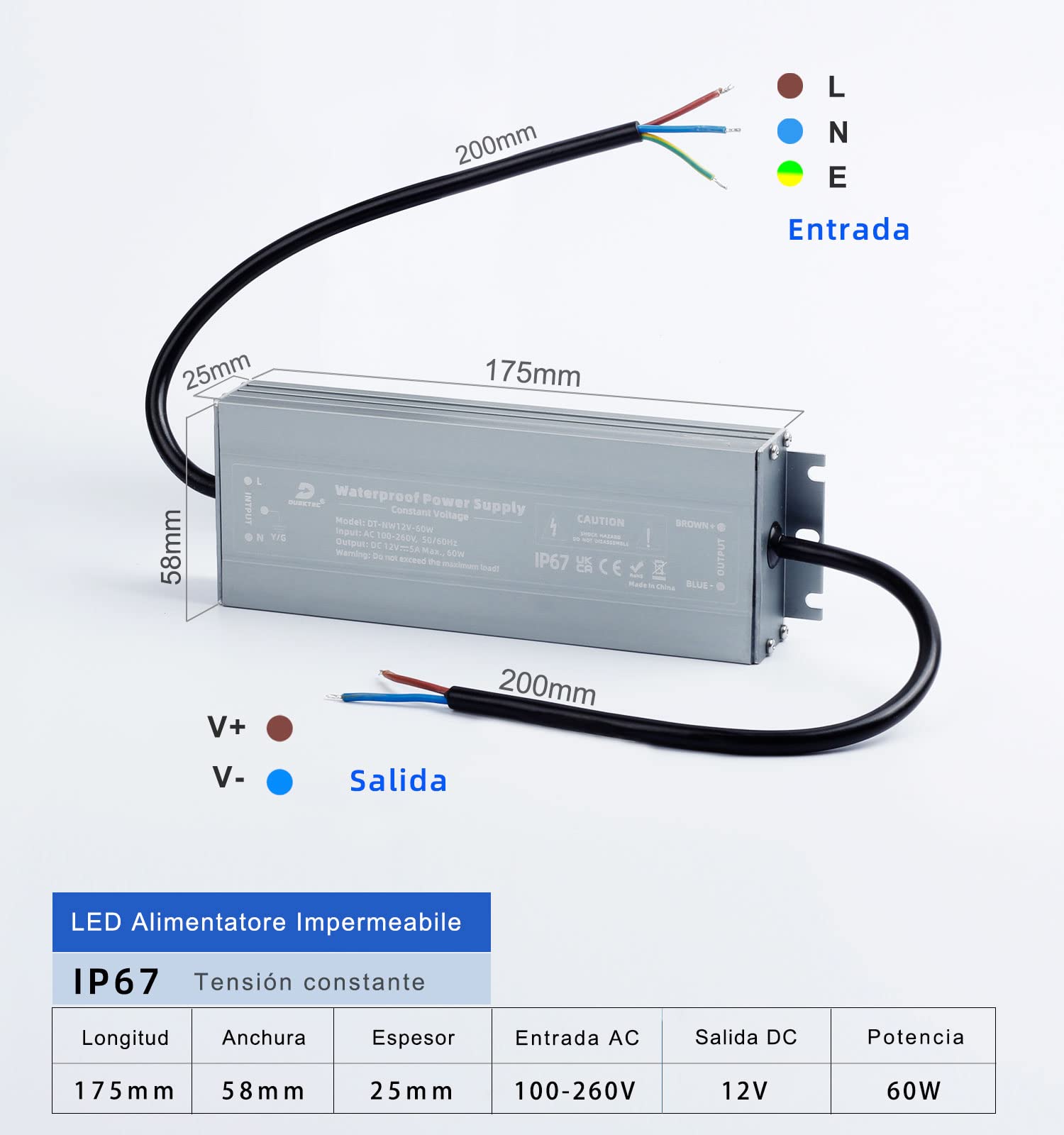 Transformador LED 12V 60W 5A, IP67 Driver Impermeable Ultrafino, Fuente de Alimentación LED Interior o Exterior, Voltaje Constante Adaptador para Tira de Luz y G4 MR16 Luces LED, DUSKTEC