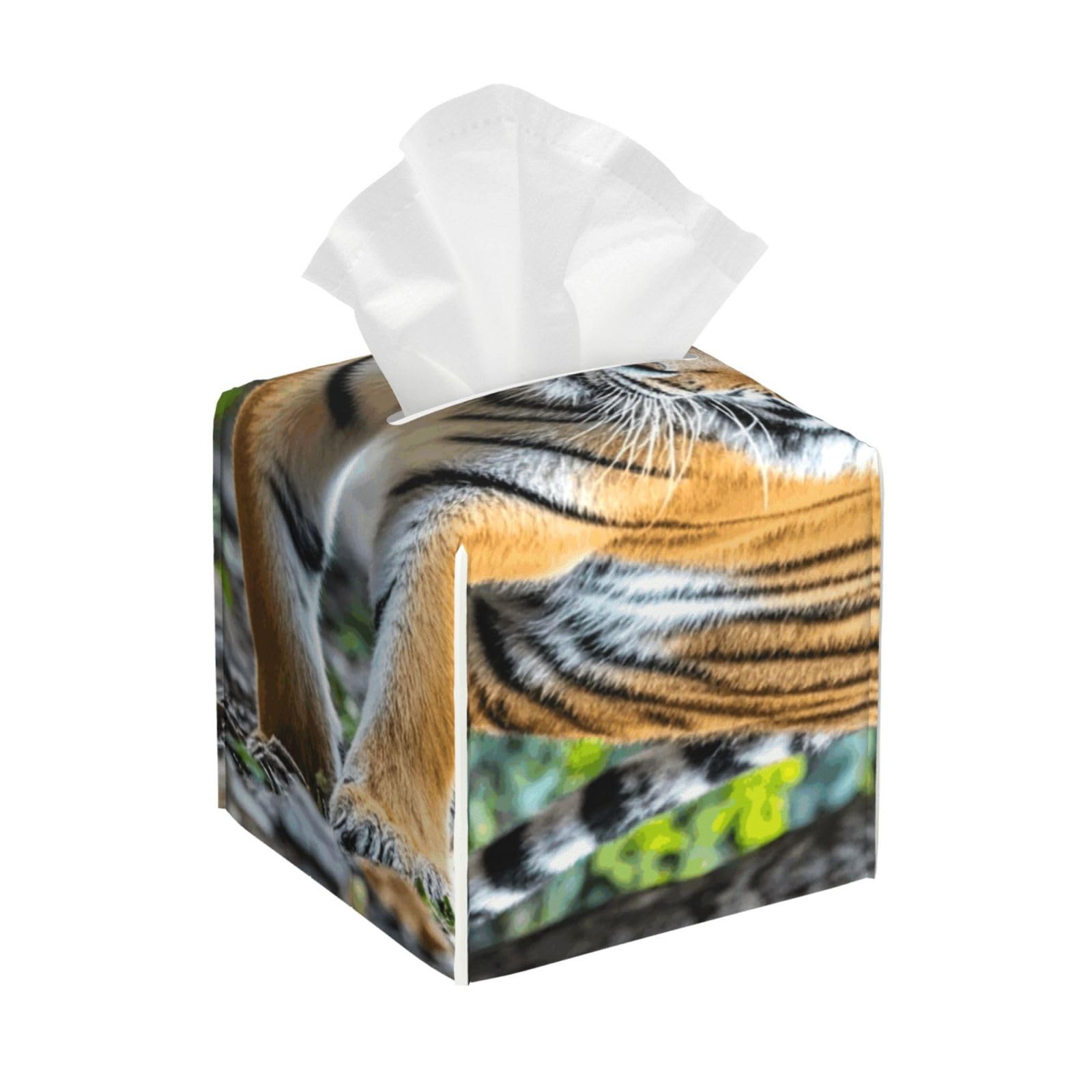 Pu Leather Cube Tissue Box Holders Modern Waterproof Square Tissue Box Cover Tiger Facial Paper Holder for Bathroom Kitchen Nightstand Office Home Decor