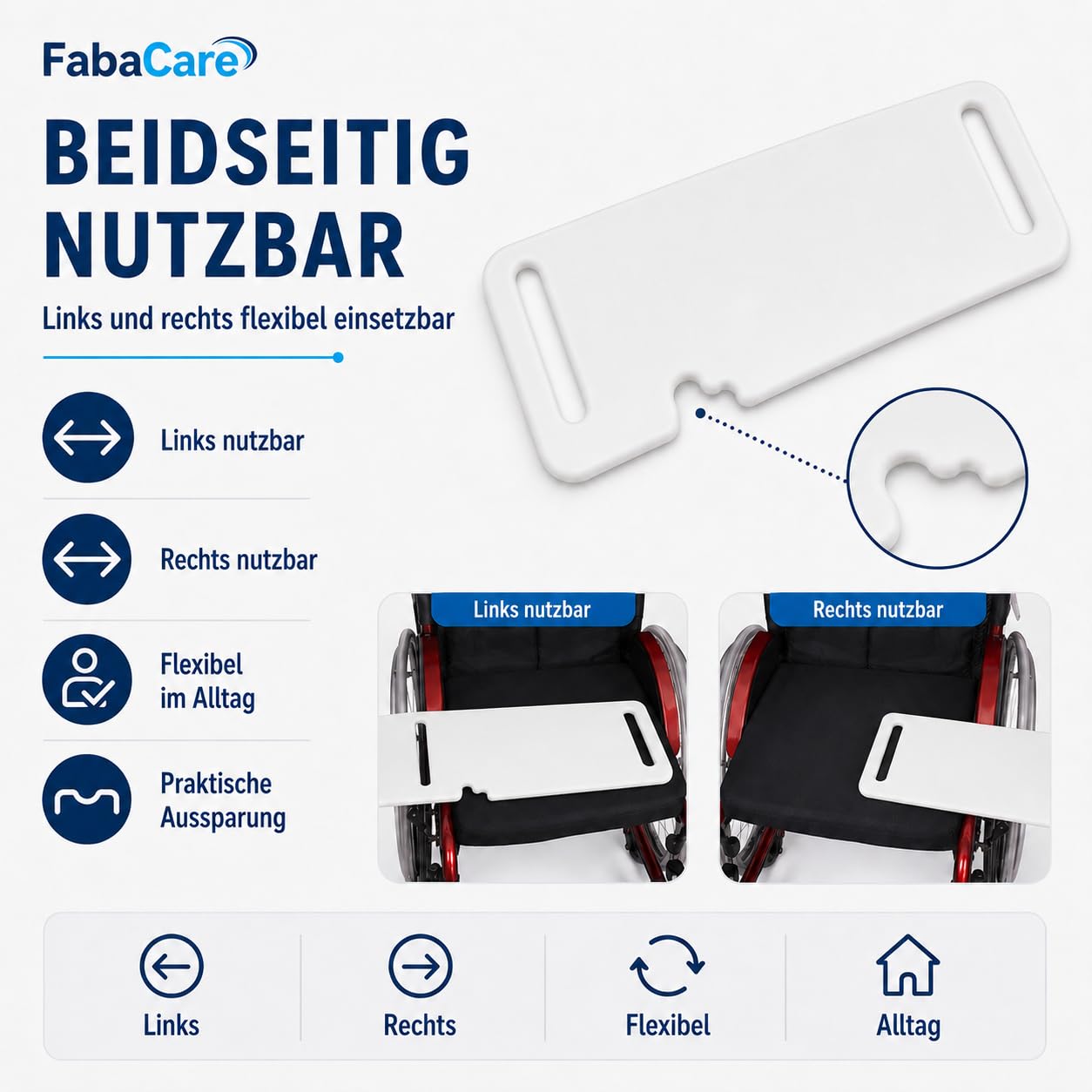 FabaCare Rutschbrett für Rollstühle EasyTransfer – Transferhilfe mit Aussparung für Reifen & Greifreifen, Rollstuhlbrett mit Grifföffnungen, Umsetzhilfe für Rollstuhl, Bett & Stuhl, 70 x 23 cm