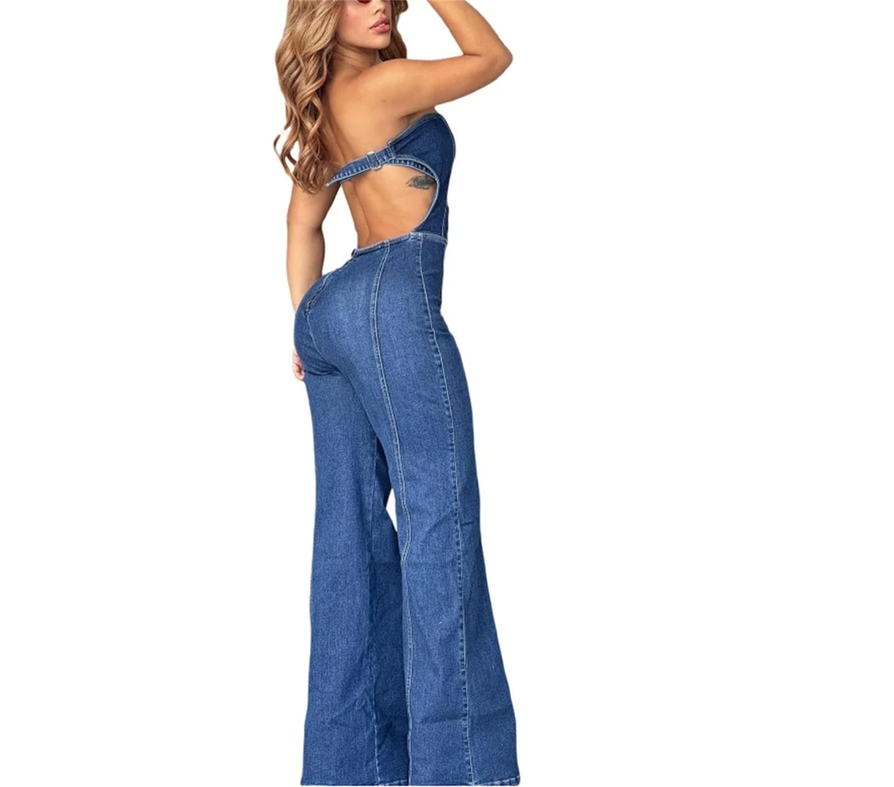 Combinaisons en Jean Sexy à la Mode Vêtements d'été pour Femmes Combinaisons sans Bretelles et Dos Nu Jean Droit Combinaisons Une pièce Tenue Salopette