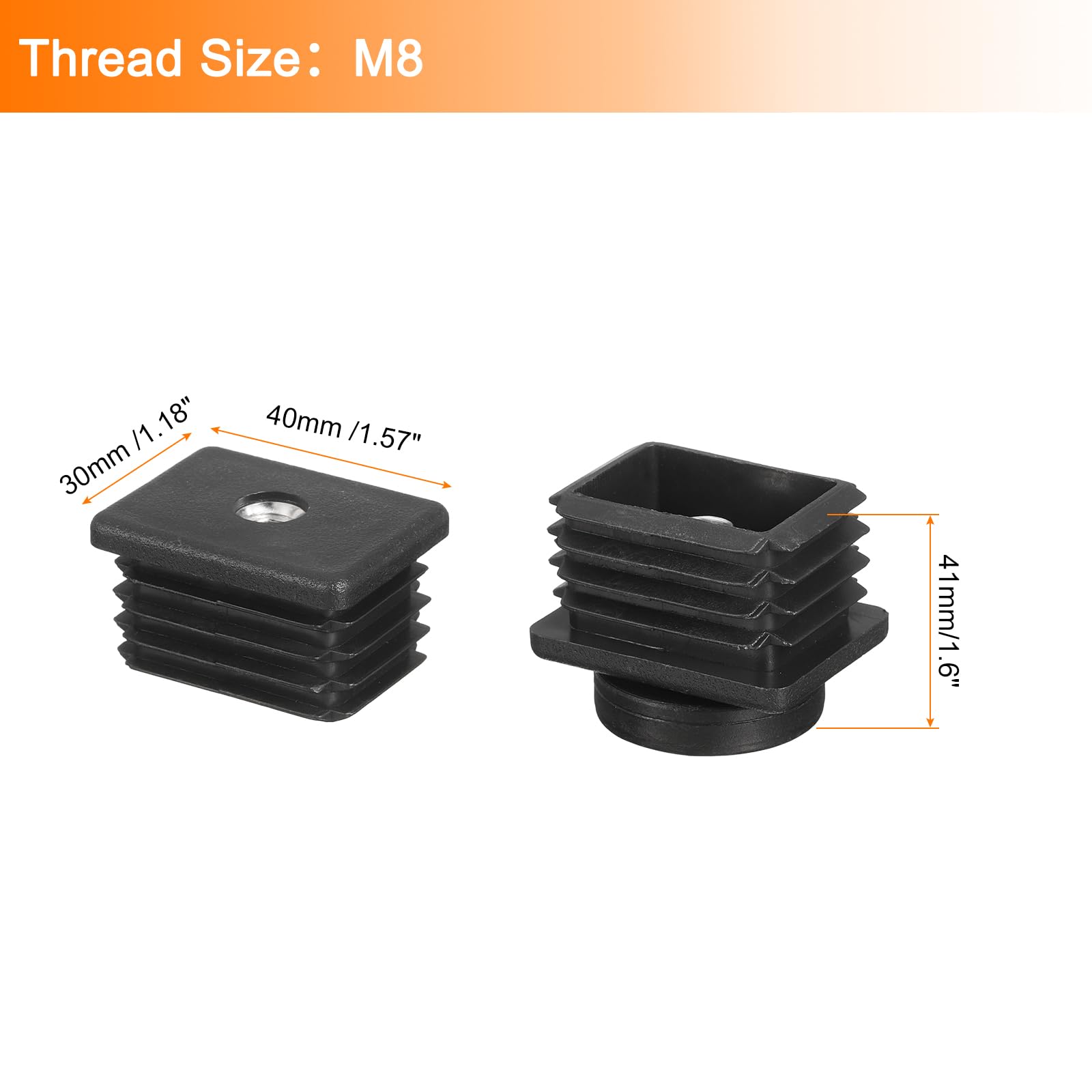 sourcing map Lot de 8 pieds de nivellement en plastique M8 x 30 x 40 mm réglables pour pieds de meubles rectangulaires à visser pour trou de 30 mm pour table, chaise, meubles, noir