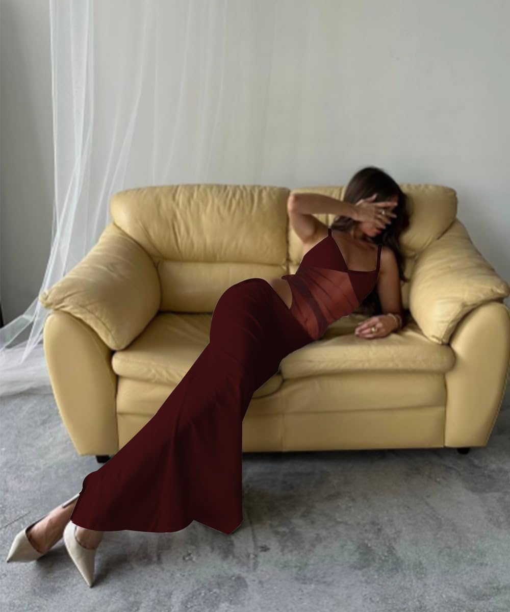 Women's Sexy V Neck Spaghetti Strap Bodycon Maxi Dress Backless Mesh Cut Out Cocktail Long Formal Dresses - Image 3