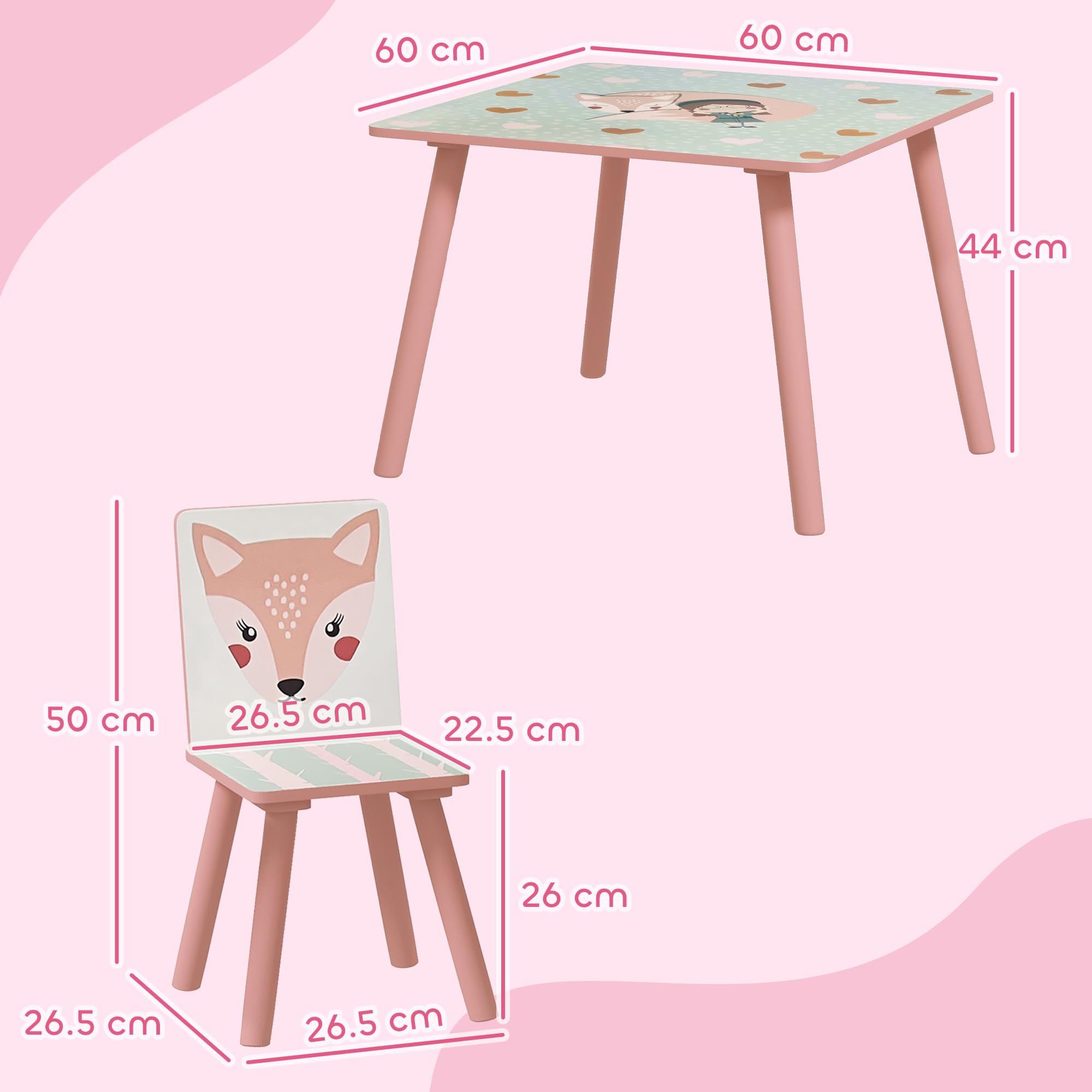ZONEKIZ Set 3 Pezzi con Tavolo e 2 Sedie per Bambini da 3-8 Anni in MDF e Legno di Pino, Tavolino per Bambini e Seggiole con Disegni di Animali, Rosa