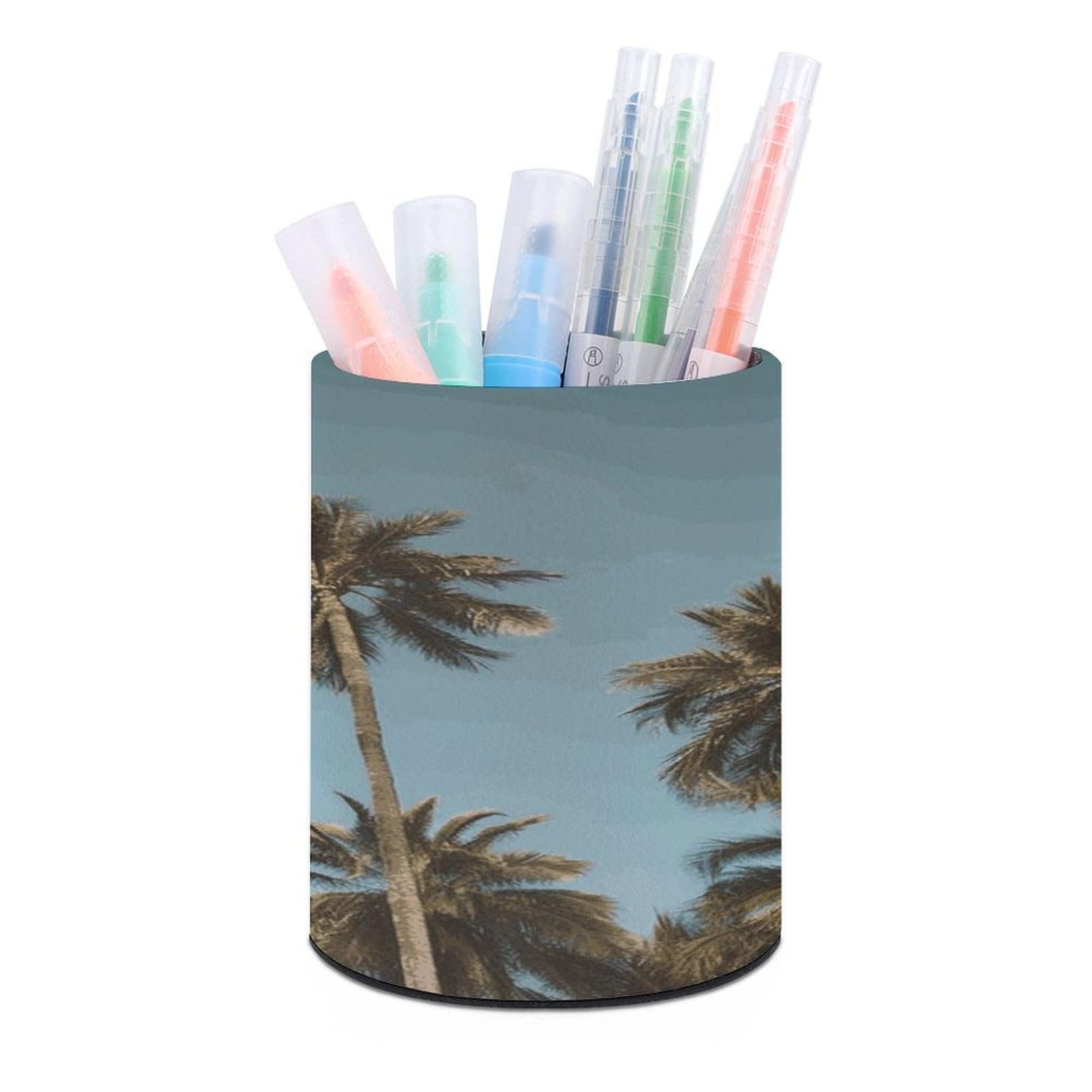 LDGSUPH Tall Tropical Palm Trees Round Pen Holder Leather Pen Cup Pencil Cup Pen Organizer Pencil Holder for Desk Organizer Pencil Organizers Makeup Brush Holders for Home Office Gift
