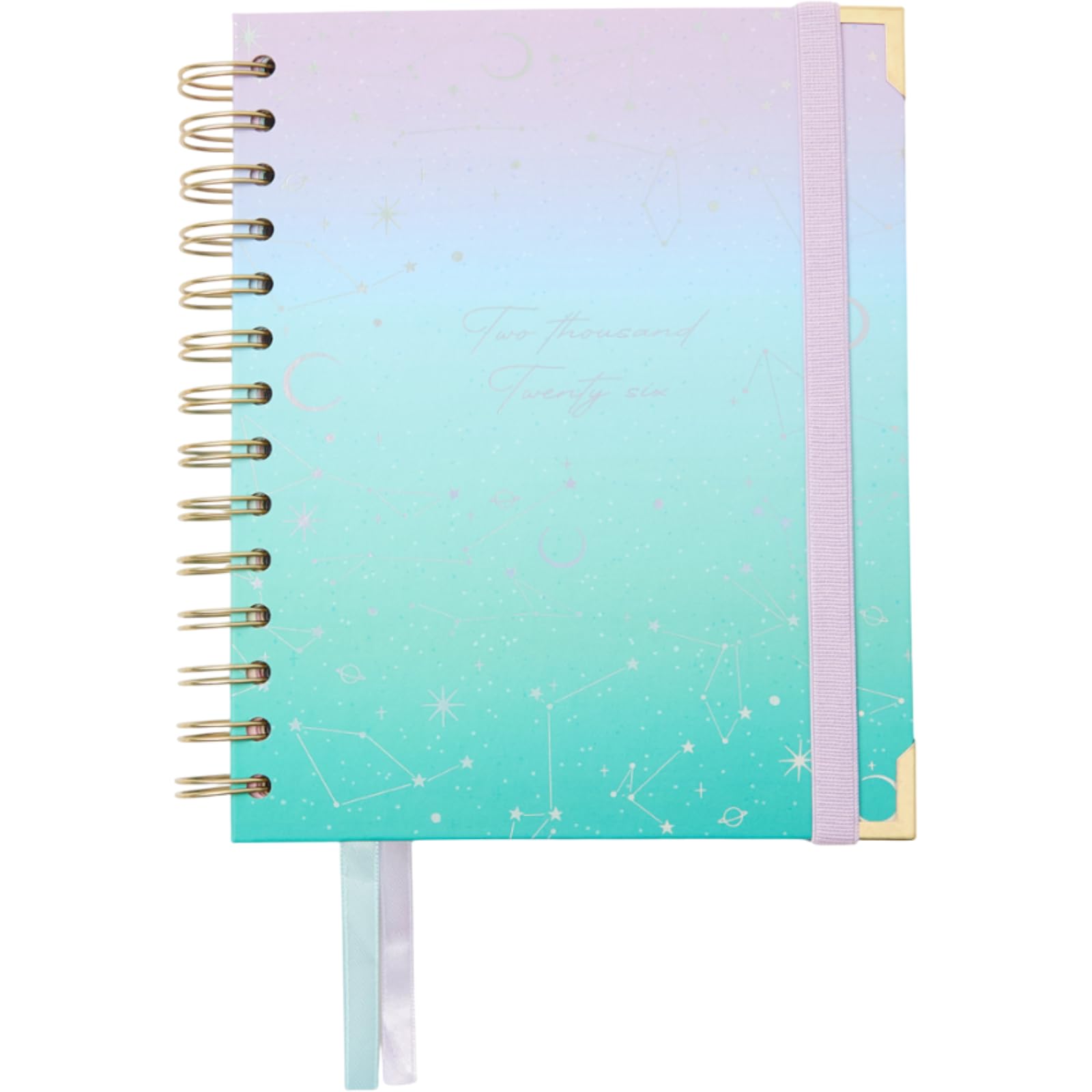 Takenote Diary 2026 - A6 Size (13.5x18 cm), Week-to-View, 12-Month Annual Planner January to December, Double Gold Spiral, Dual Bookmark, Elastic Band, Spanish & English - Diana