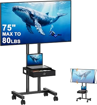 Hayexiha Rolling TV Stand with Drawer for 32-75 Inch TVs, Mobile TV Cart with 360 Wheels & Height Adjustable Shelf for Home & Office, Max VESA 600x400mm, Black