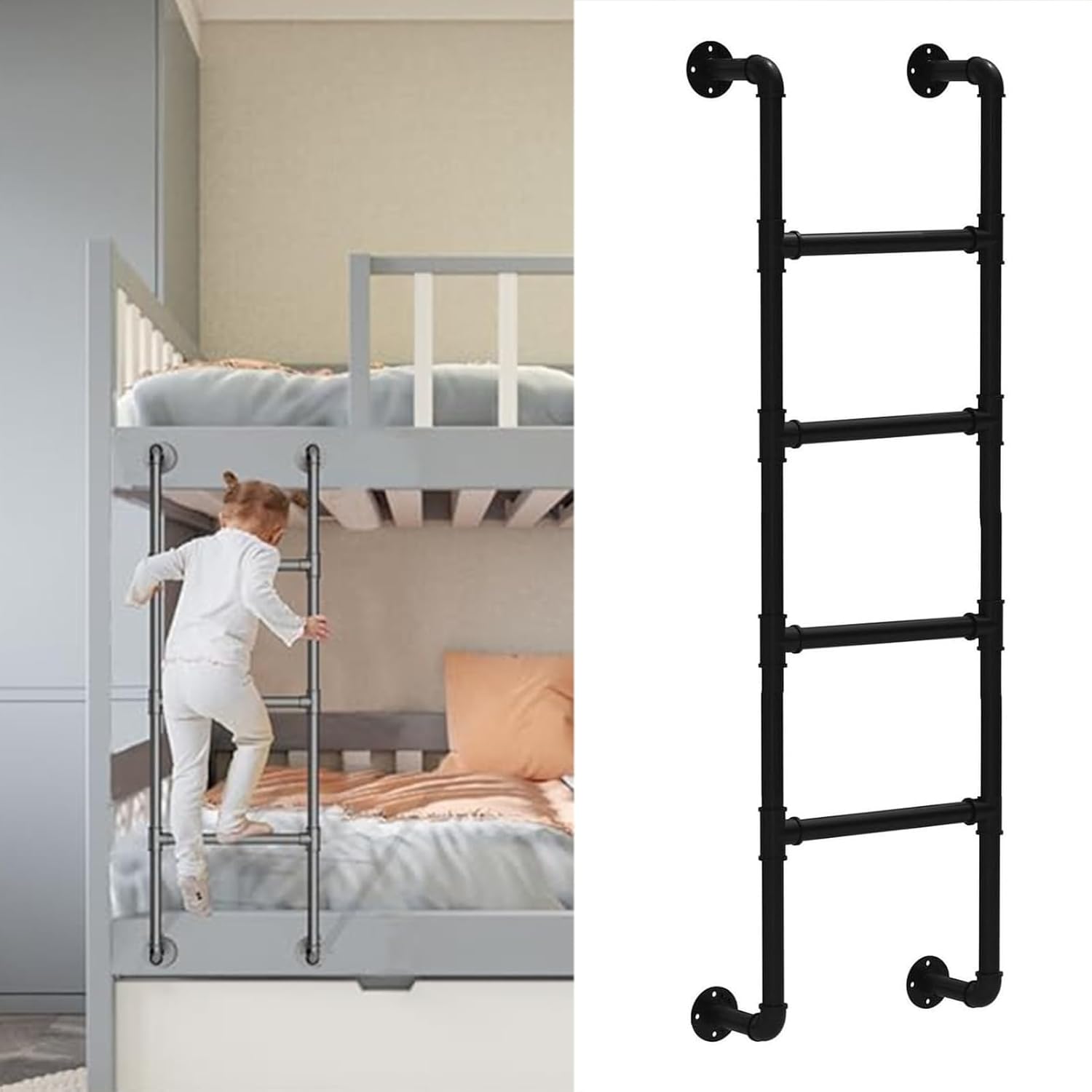 Safety Black Attic Bunk Bed Ladder, Loads 330lbs Wall Mounted Metal Iron Ladder for Home Loft, Basement Window Well Escape Ladder for Deck,RV,Boat Dorm,Library,Warehouse - Customiz