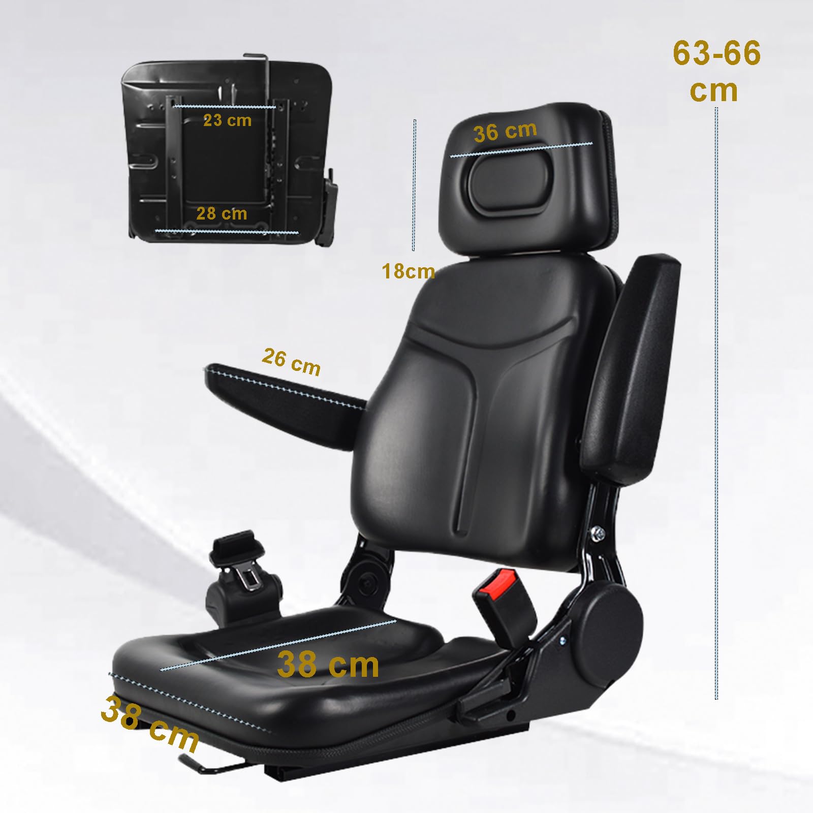 Universal Gabelstapler-Sitz mit verstellbare Rückenlehne 180°, wasserdichter PVC-Mähersitz mit Kopfstütze, Armlehnen, Sicherheitsgurt, für Traktor Bagger, Gabelstapler