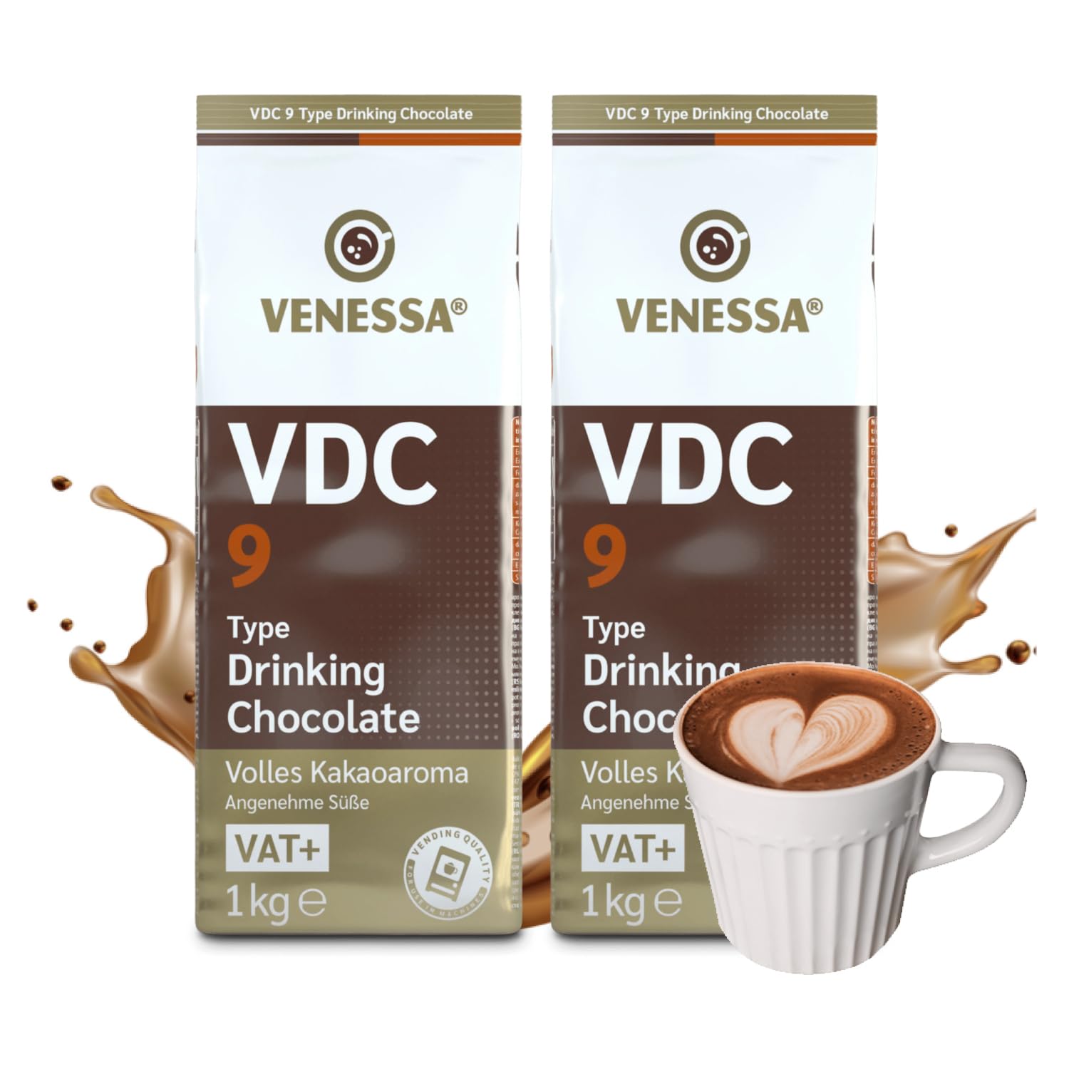 VENESSA VDC9 czekolada do picia 2 x 1 kg – opakowanie próbne – kakao w proszku z 9% kakao premium i zawartością mleka do automatu do gorących napojów – rozpuszczalna, lekko słodka, kremowa