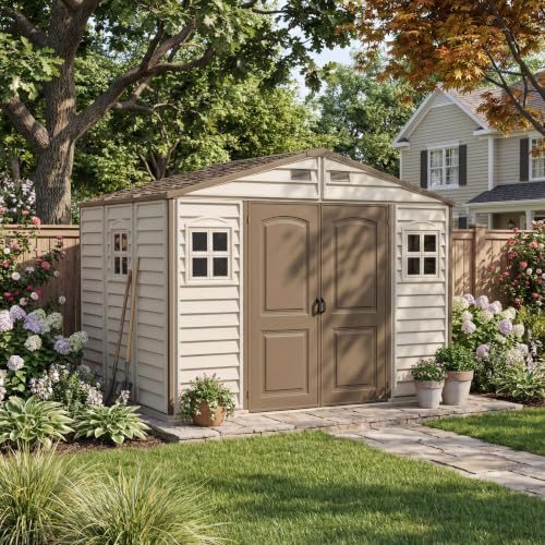 WoodSide 10 x 8 (8.02 m2) Plastic Garden Shed with 3 Fixed Windows & Metal Foundation Kit & EverMore 4 x 6 (1.98 m2) Plastic Garden Storage Shed, All-Weather Outdoor Storage Solution - Image 3