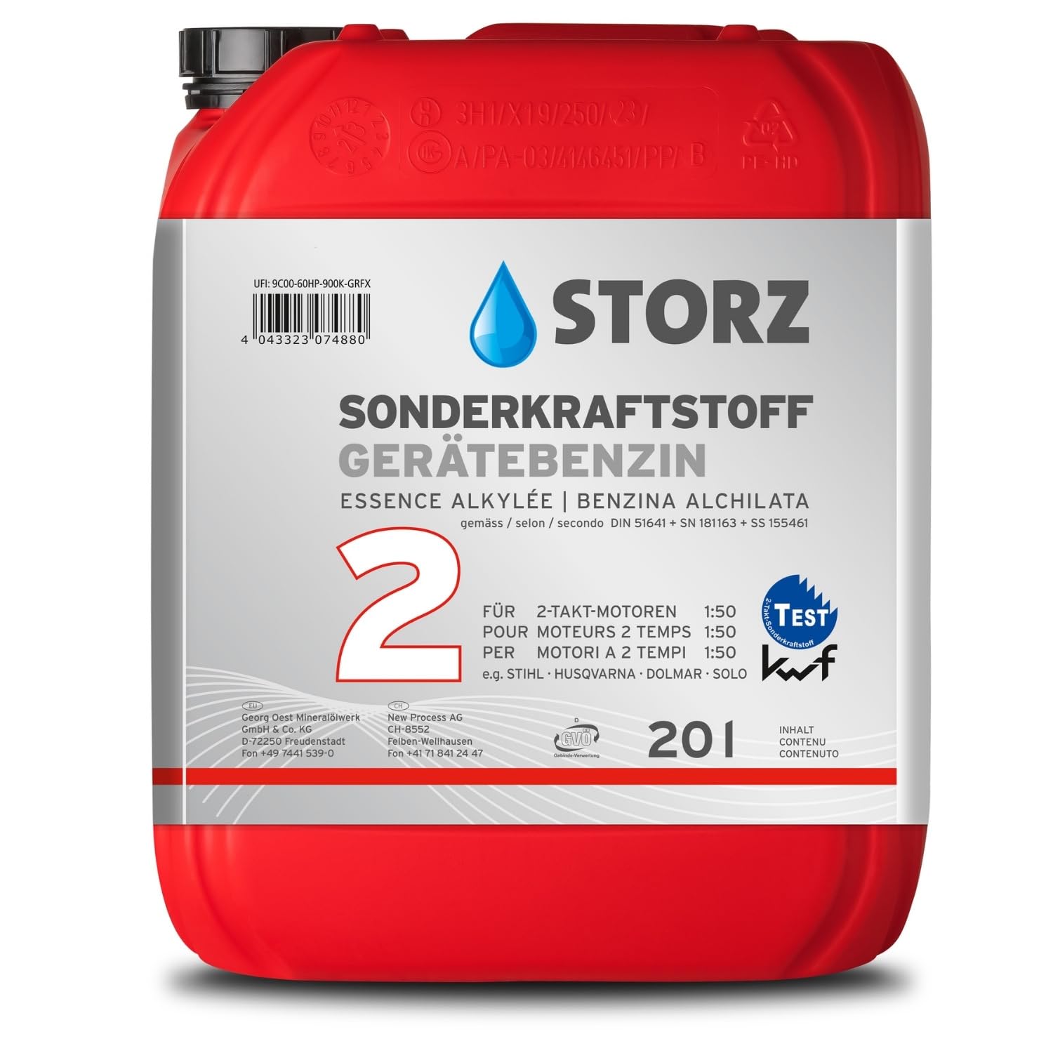 STORZ Sonderkraftstoff Gerätebenzin 2T 20 L Fertiggemisch für 2-Takt-Motoren Vollsynthetisches Markenöl