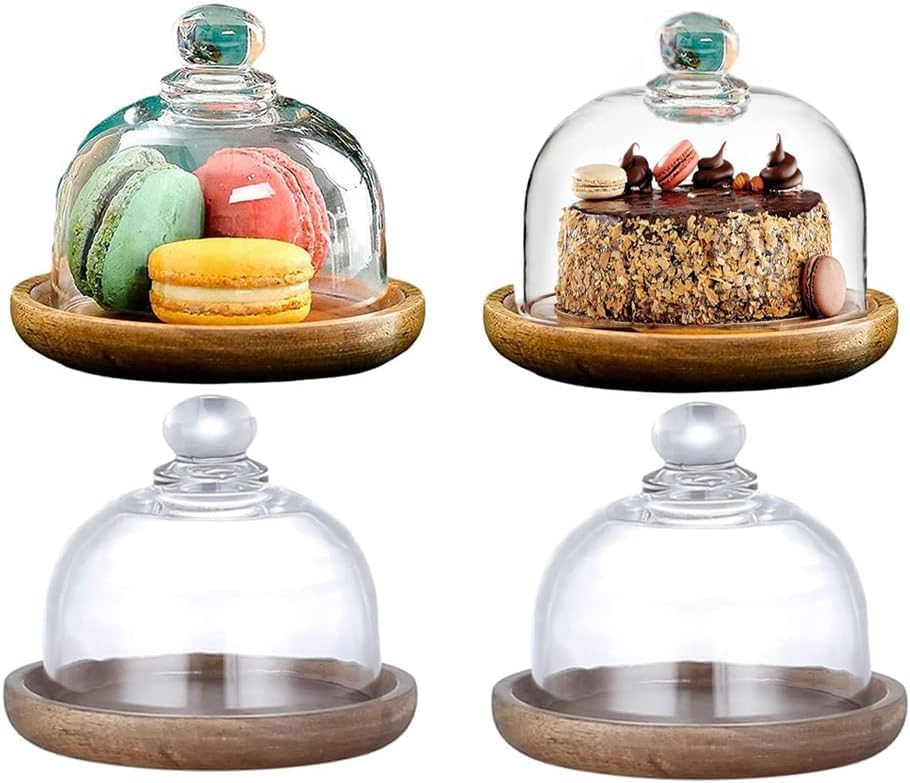 Tagtight Lot de 4 Mini Cloche a Gateau, Presentoir Gateau avec Couvercle, Support Gateau Rond, Cloche en Verre avec Socle, Porte Gateau en Bois pour Fruit,...