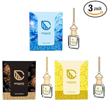 AIRGANIC Aroma Swing Combo Offer: Lemon Bee, Oud wonders & Snow Smog | Aroma with Essential Oils in Glass Bottle with Wooden Diffuser Lid| Car Hanging Accessories| Car Accessories Interior - image, photos