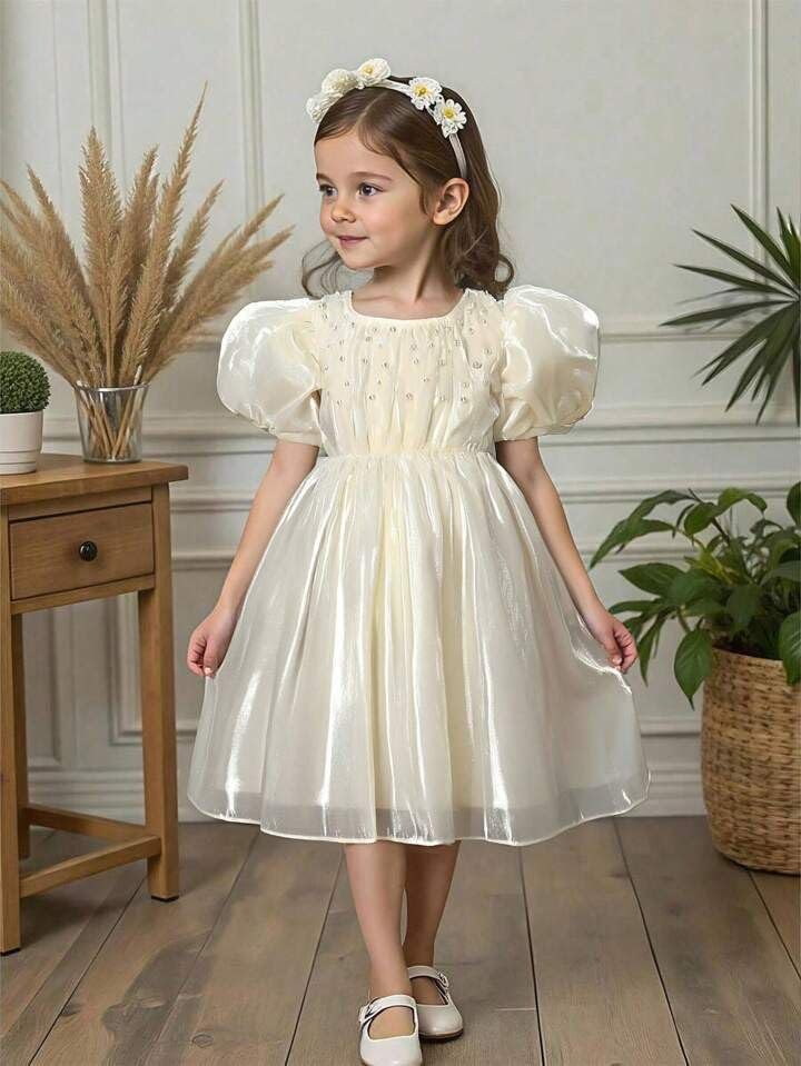 Image of Buy & Try Girls Crystal Puff Sleeve Birthday Dress for Baby Girls | Silk Knee-Length Frock with Zipper Closure | Party Outfit for Kids | Perfect Birthday & Special Occasion