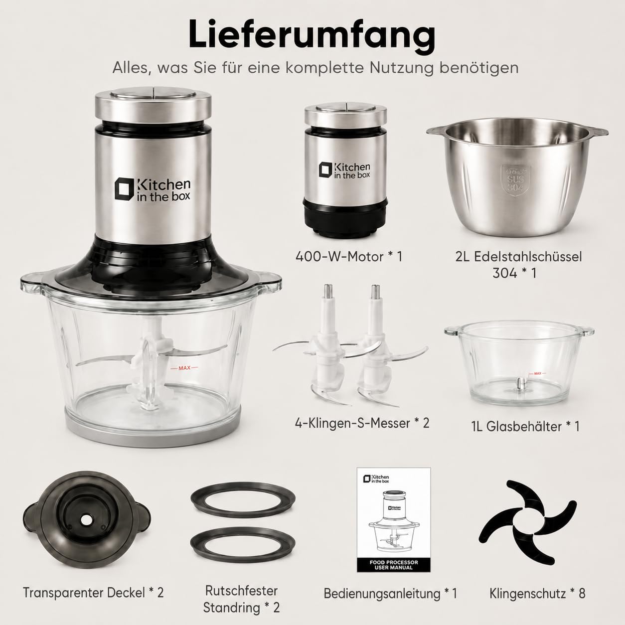 Kitchen in the Box Zerkleinerer küche Elektrisch mit 2 Schüsseln (1L Glasschüssel+2L Stahlschüssel),400W Multizerkleinerer fleischwolf mit 2 Bi-Level Klingen für Fleisch,Babynahrung,Obst,Gemüse