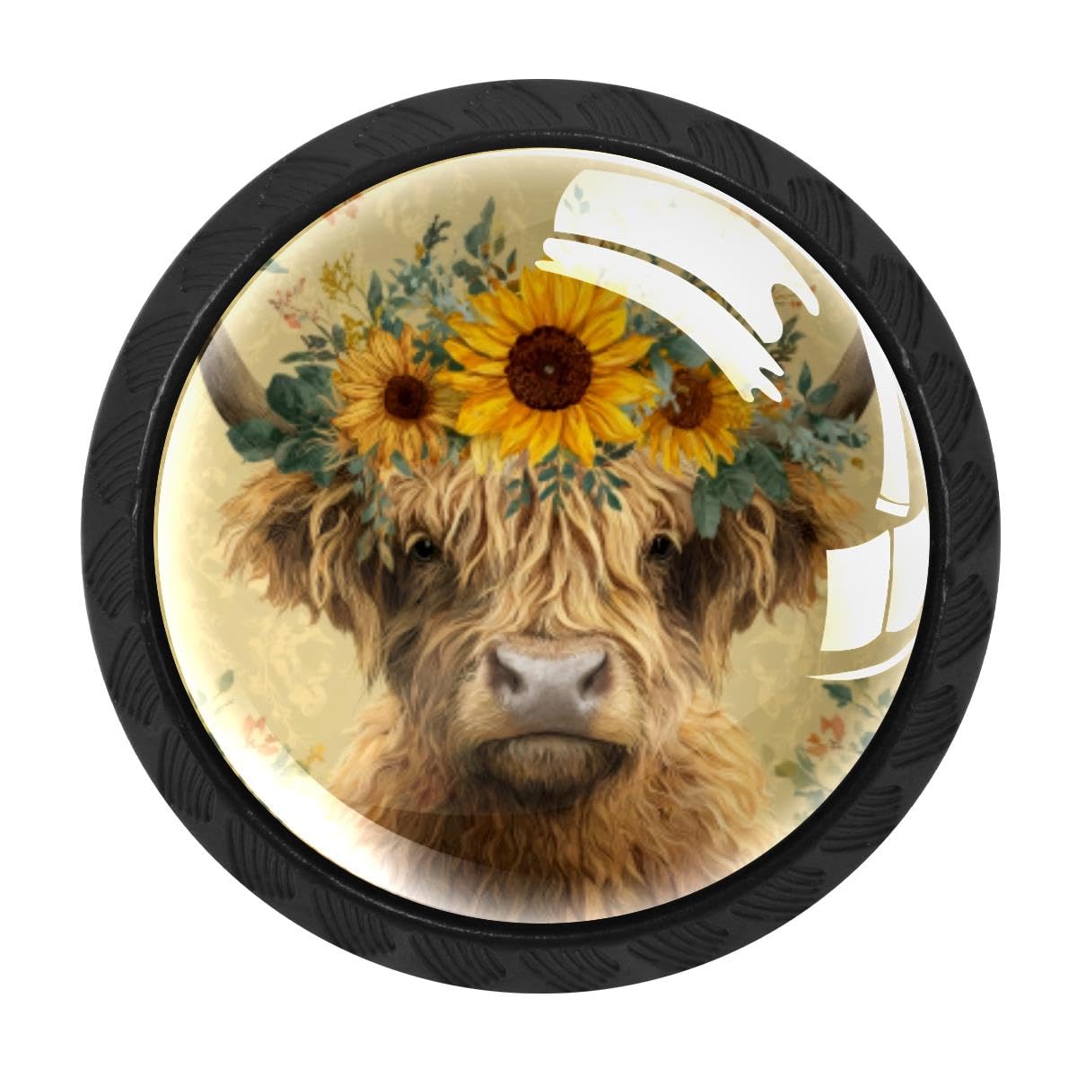 4 PCS Cabinet Knobs, Highland Cow Sunflower Drawer Knobs Dresser Handles